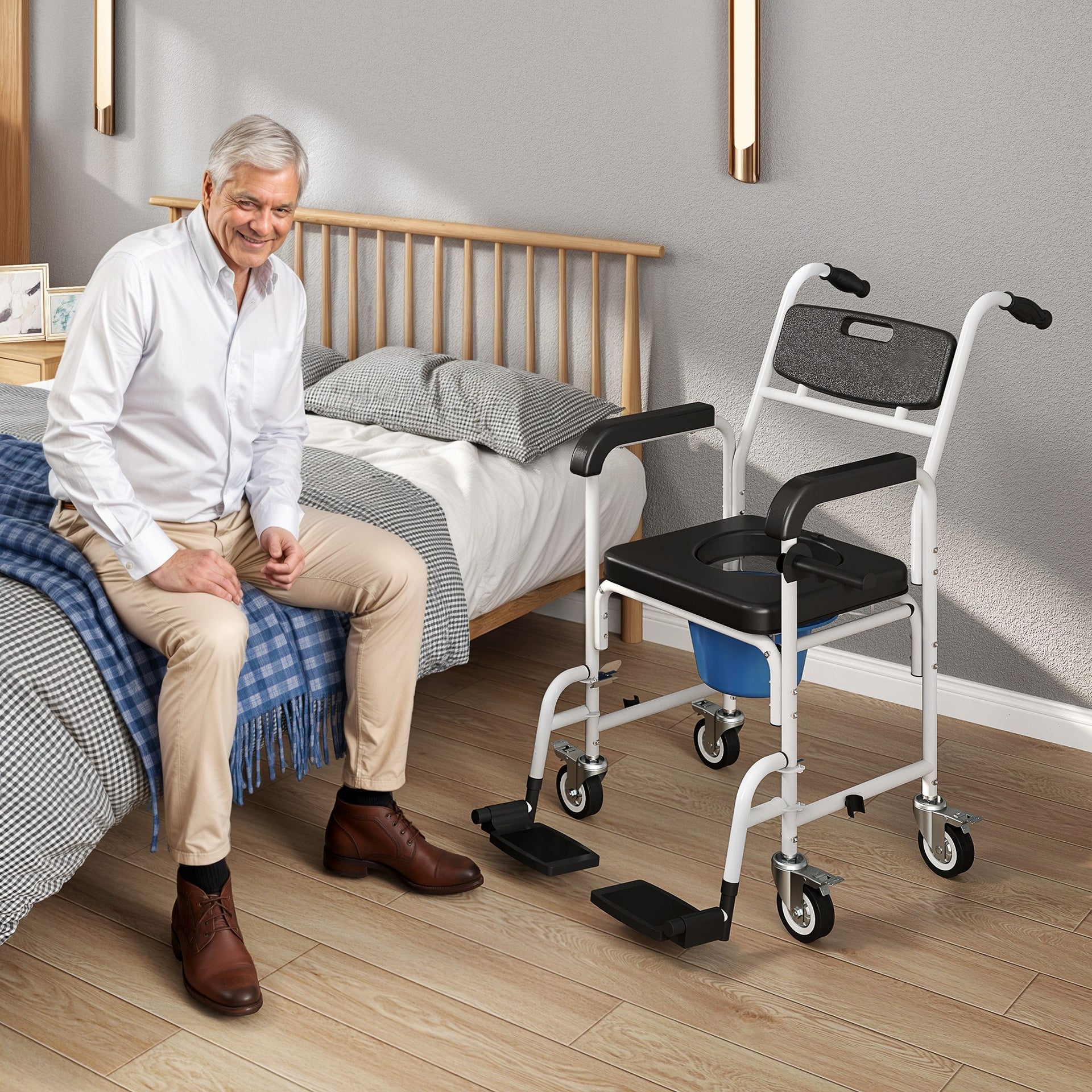 HOMCOM Rolling Shower Wheelchair for Seniors, Bedside Commode Chair with Locking Wheels, Seat, Backrest, Arms, Black