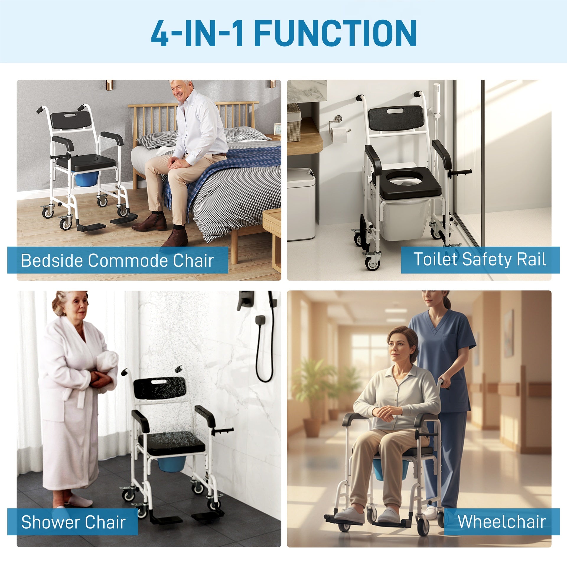 HOMCOM Rolling Shower Wheelchair for Seniors, Bedside Commode Chair with Locking Wheels, Seat, Backrest, Arms, Black