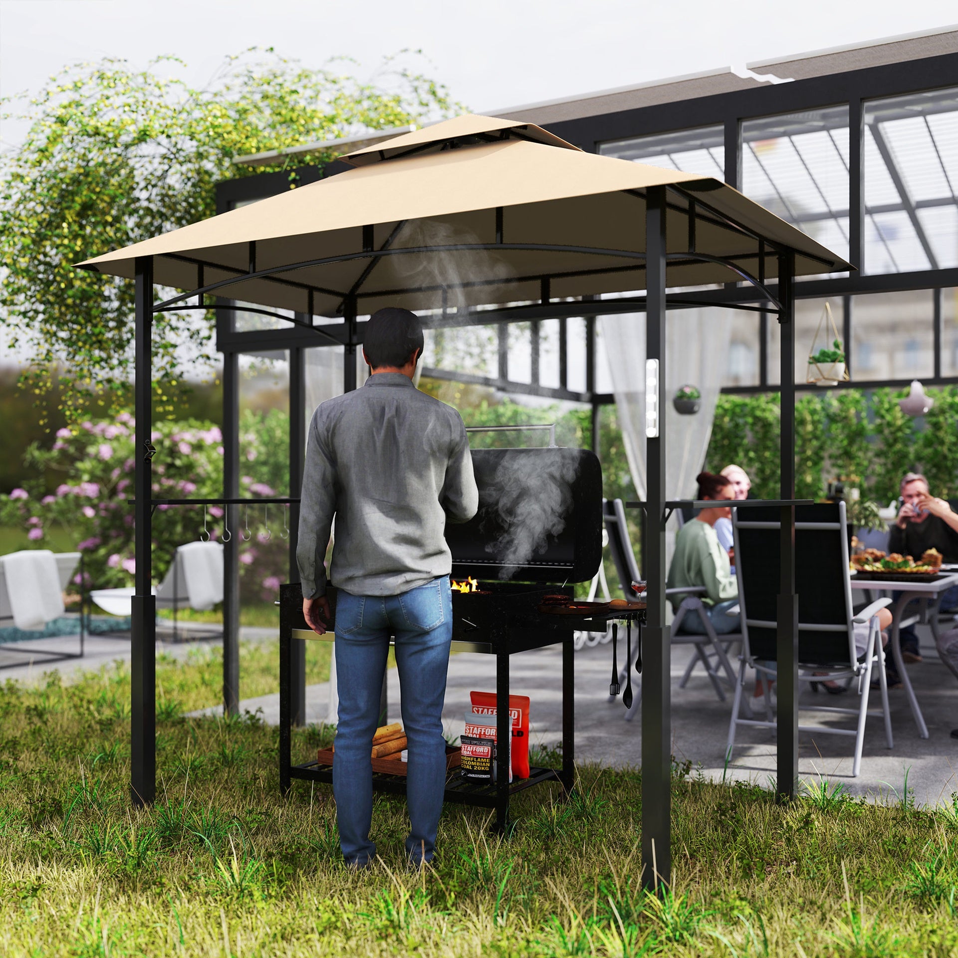 Outsunny 8' x 5' Outdoor Grill Gazebo, Barbecue Gazebo Shelter with LED Light, 2 Side Shelves, Hooks, Bottle Opener, Dark Brown