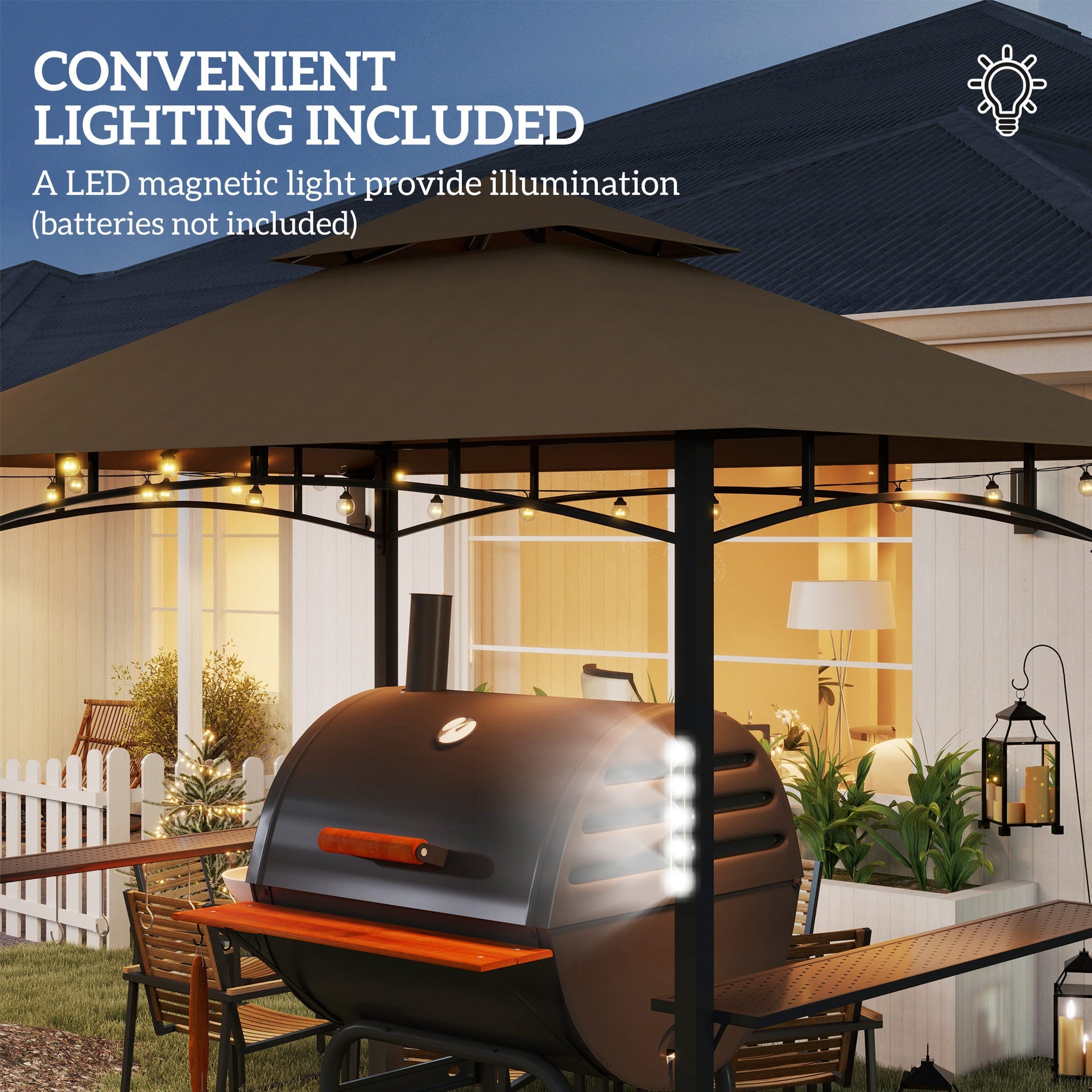 Outsunny 8' x 5' Outdoor Grill Gazebo, Barbecue Gazebo Shelter with LED Light, 2 Side Shelves, Hooks, Bottle Opener, Dark Brown