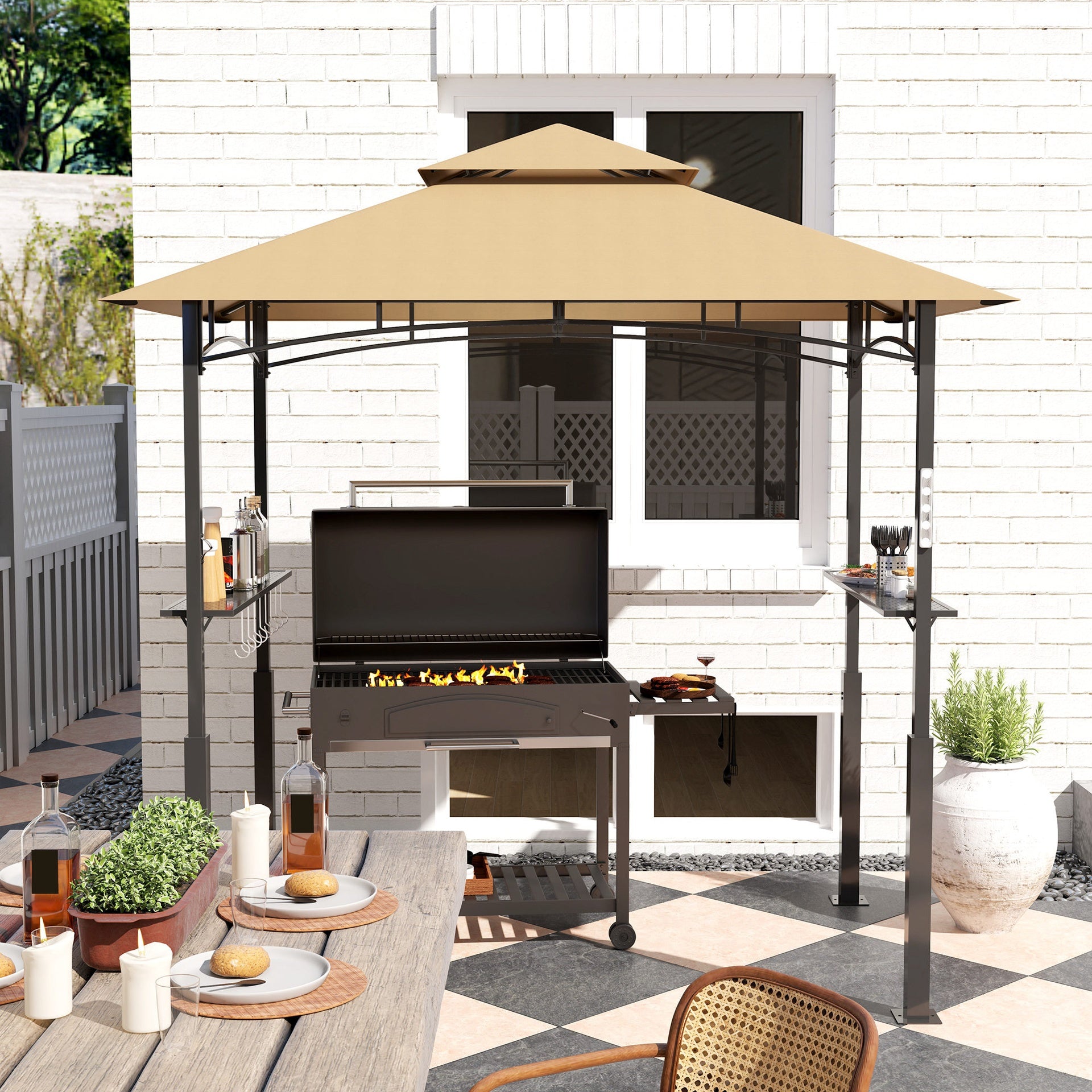 Outsunny 8' x 5' Outdoor Grill Gazebo, Barbecue Gazebo Shelter with LED Light, 2 Side Shelves, Hooks, Bottle Opener, Dark Brown