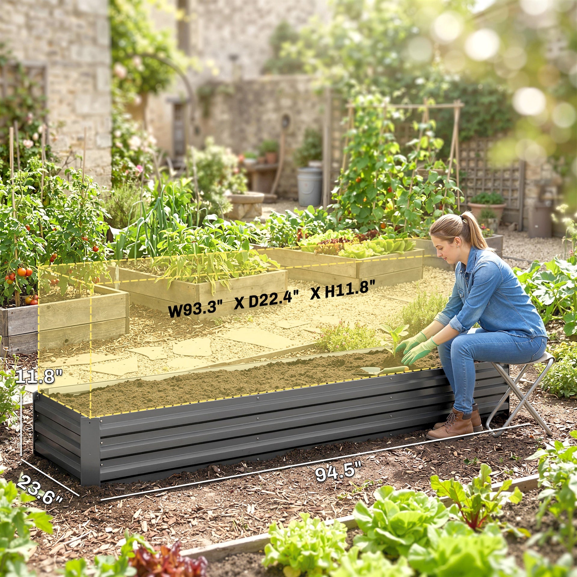 Outsunny 8x2x1ft Galvanized Raised Garden Bed Kit with Safety Edging for Flowers, Herbs and Vegetables, Dark Gray
