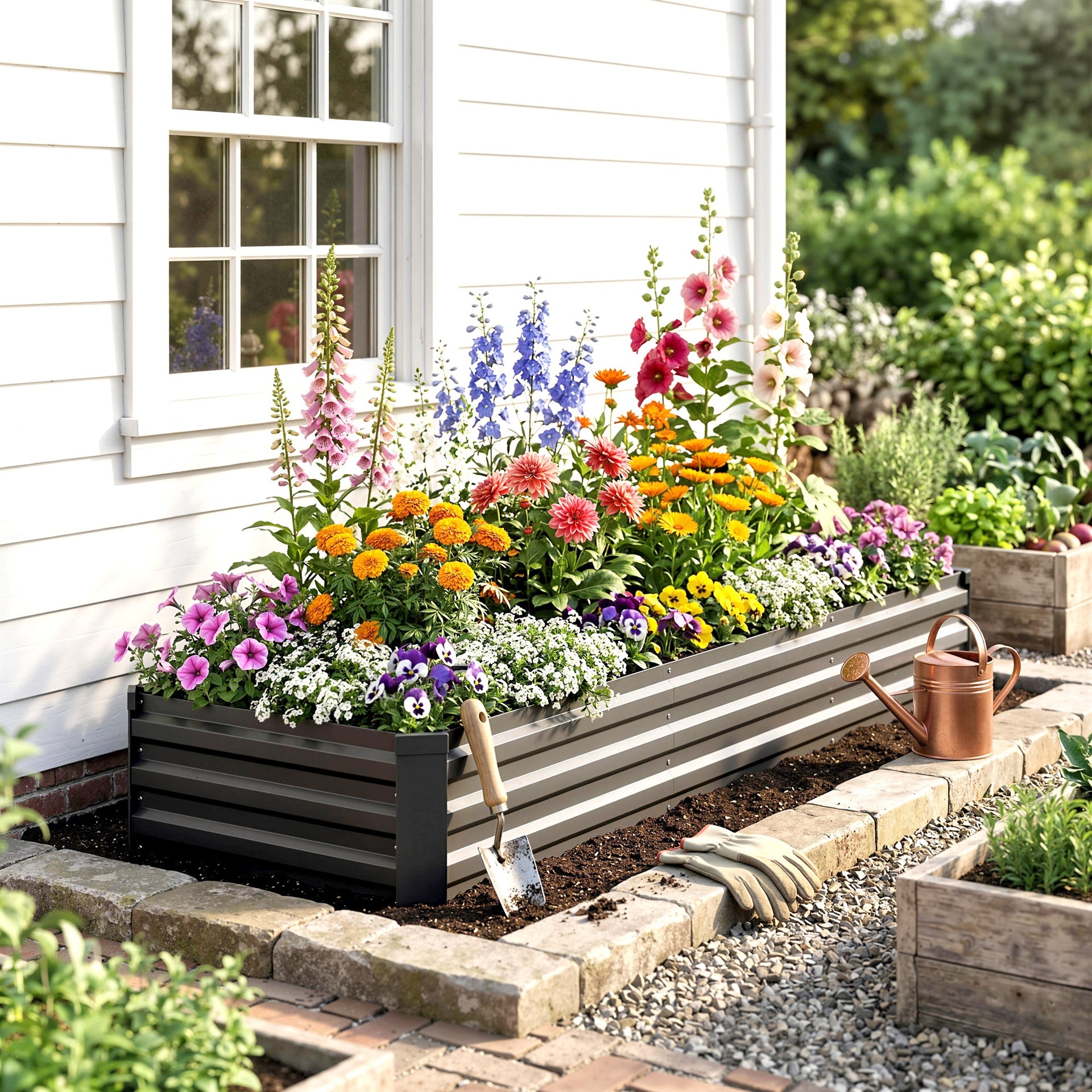 Outsunny 8x2x1ft Galvanized Raised Garden Bed Kit with Safety Edging for Flowers, Herbs and Vegetables, Dark Gray