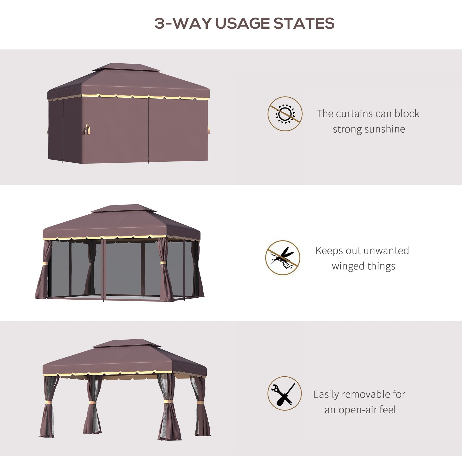 Outsunny 10' x 13' Patio Gazebo, Aluminum Frame Double Roof Outdoor Gazebo Canopy Shelter with Netting & Curtains, Coffee