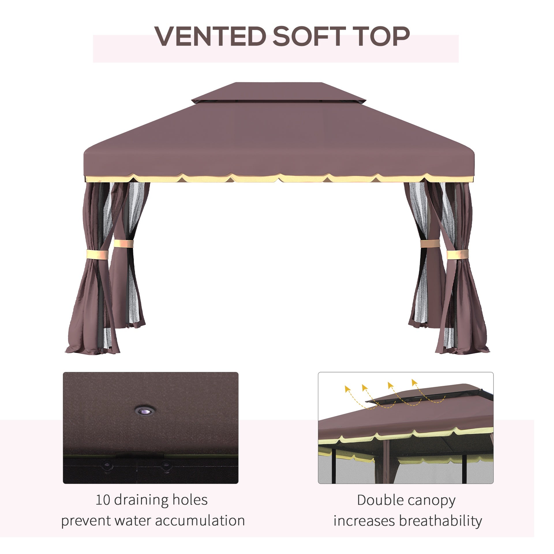Outsunny 10' x 13' Patio Gazebo, Aluminum Frame Double Roof Outdoor Gazebo Canopy Shelter with Netting & Curtains, Coffee
