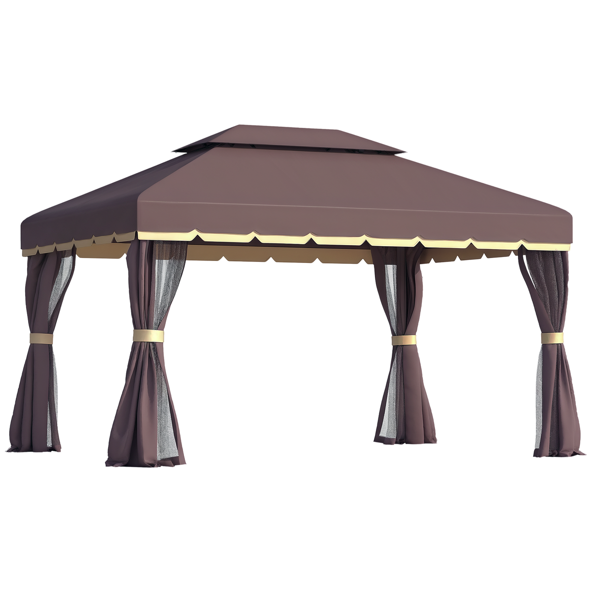 Outsunny 10' x 13' Patio Gazebo, Aluminum Frame Double Roof Outdoor Gazebo Canopy Shelter with Netting & Curtains, Coffee