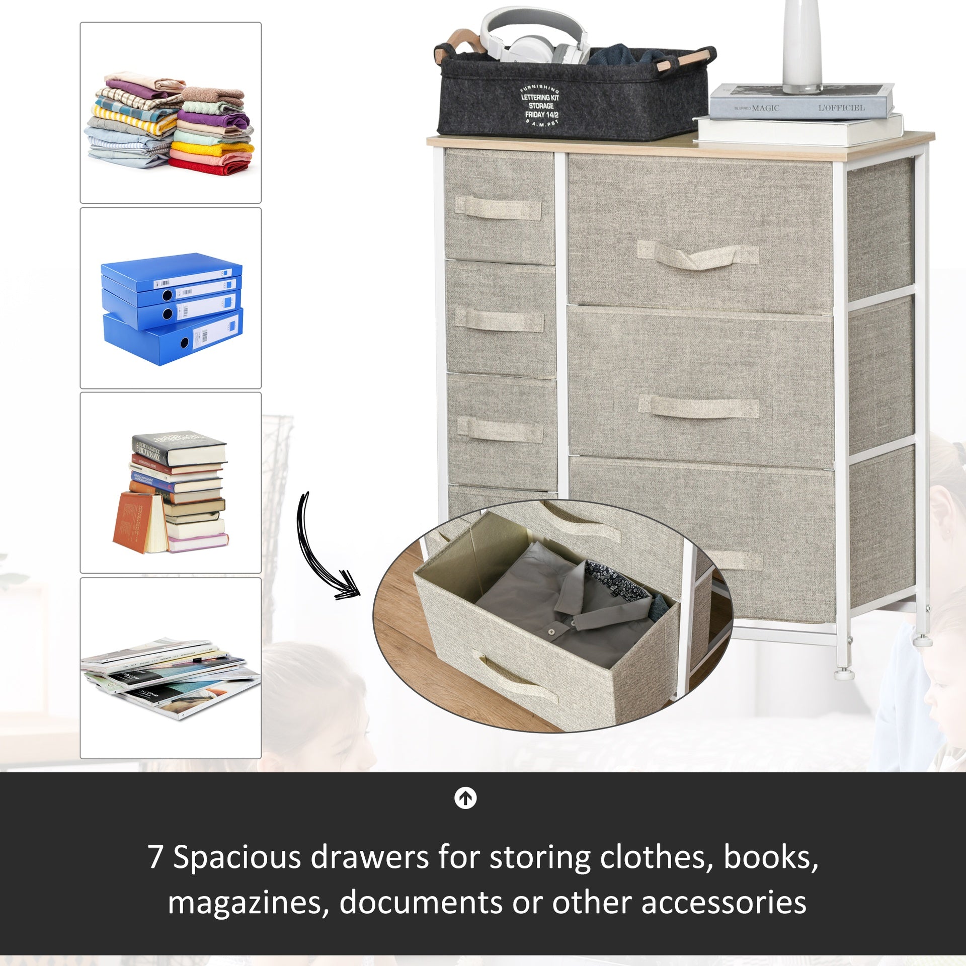 HOMCOM 7-Drawer Dresser Storage Tower Cabinet Organizer Unit, Easy Pull Fabric Bins with Metal Frame for Bedroom, Closets, Light Gray