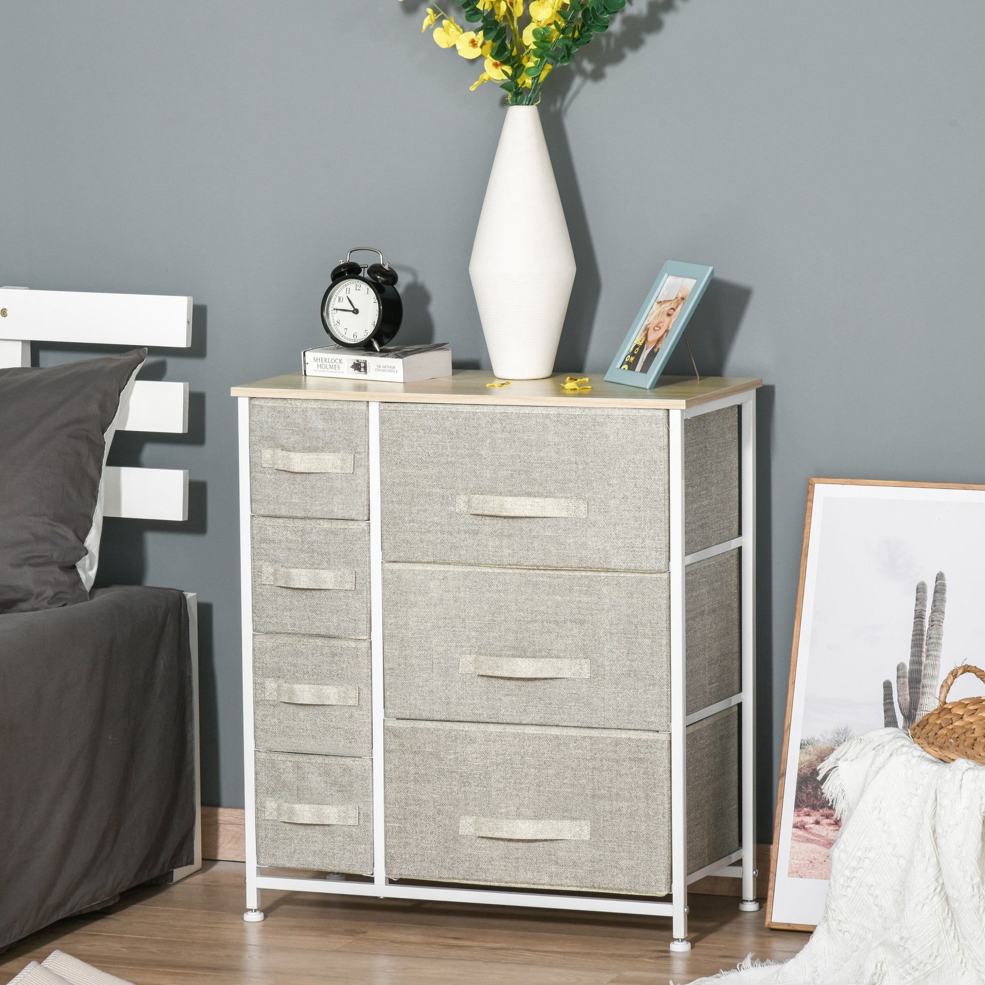 HOMCOM 7-Drawer Dresser Storage Tower Cabinet Organizer Unit, Easy Pull Fabric Bins with Metal Frame for Bedroom, Closets, Light Gray