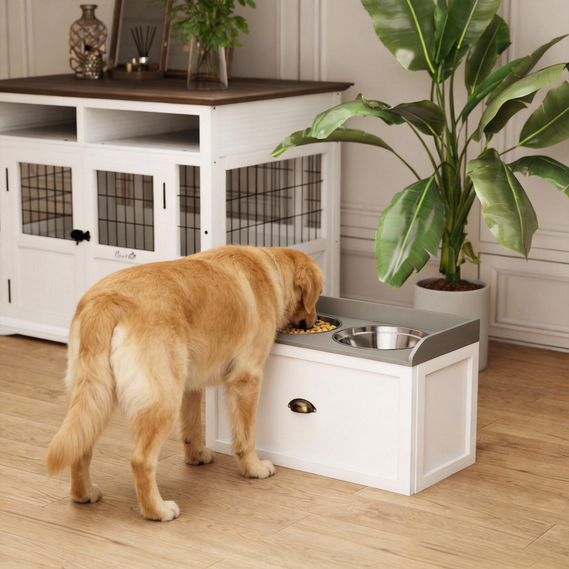 PawHut Pet Feeding Station Pet Dish Bowl Set with Storage, 2 Elevated Dog Bowls for Large Sized Dogs, White