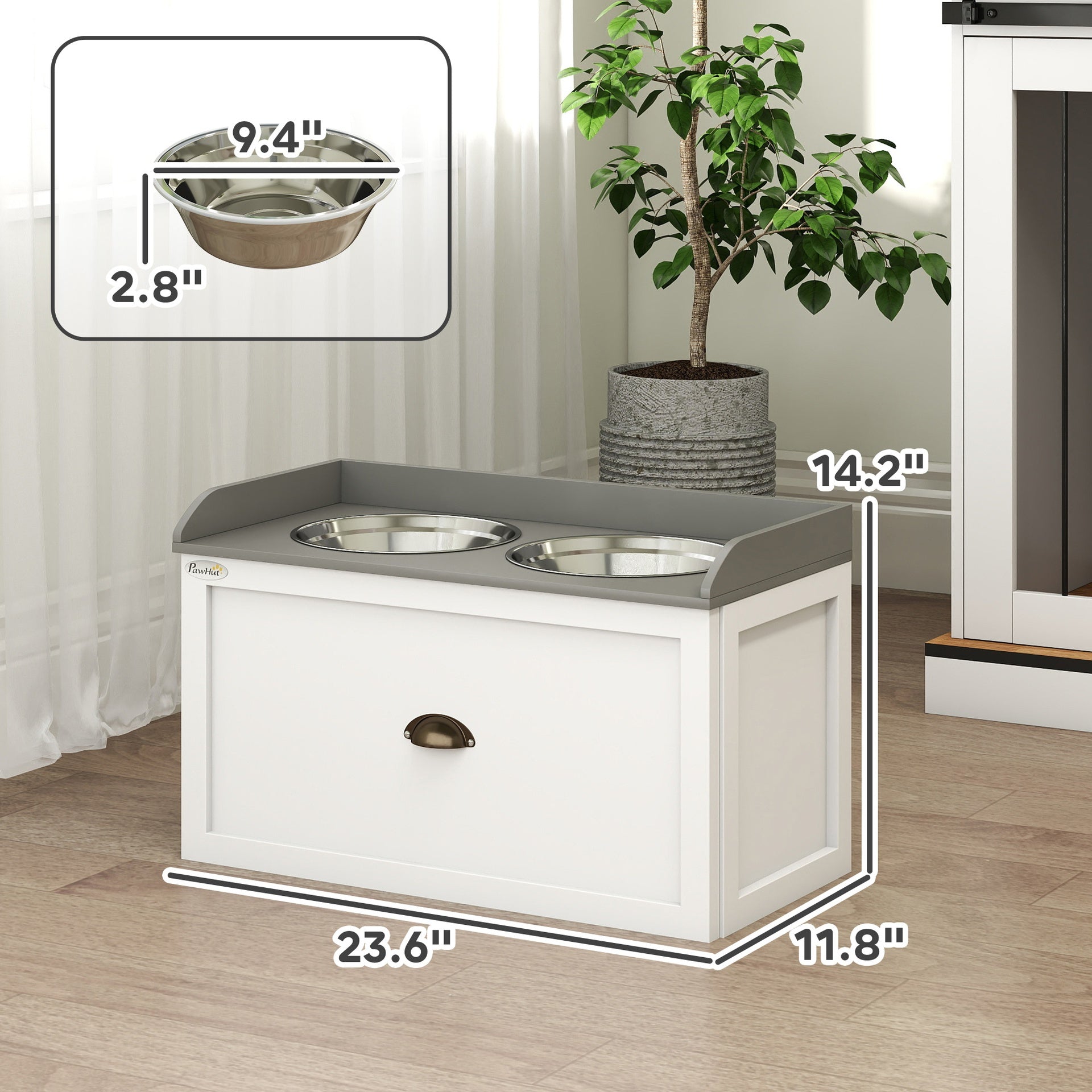 PawHut Pet Feeding Station Pet Dish Bowl Set with Storage, 2 Elevated Dog Bowls for Large Sized Dogs, White