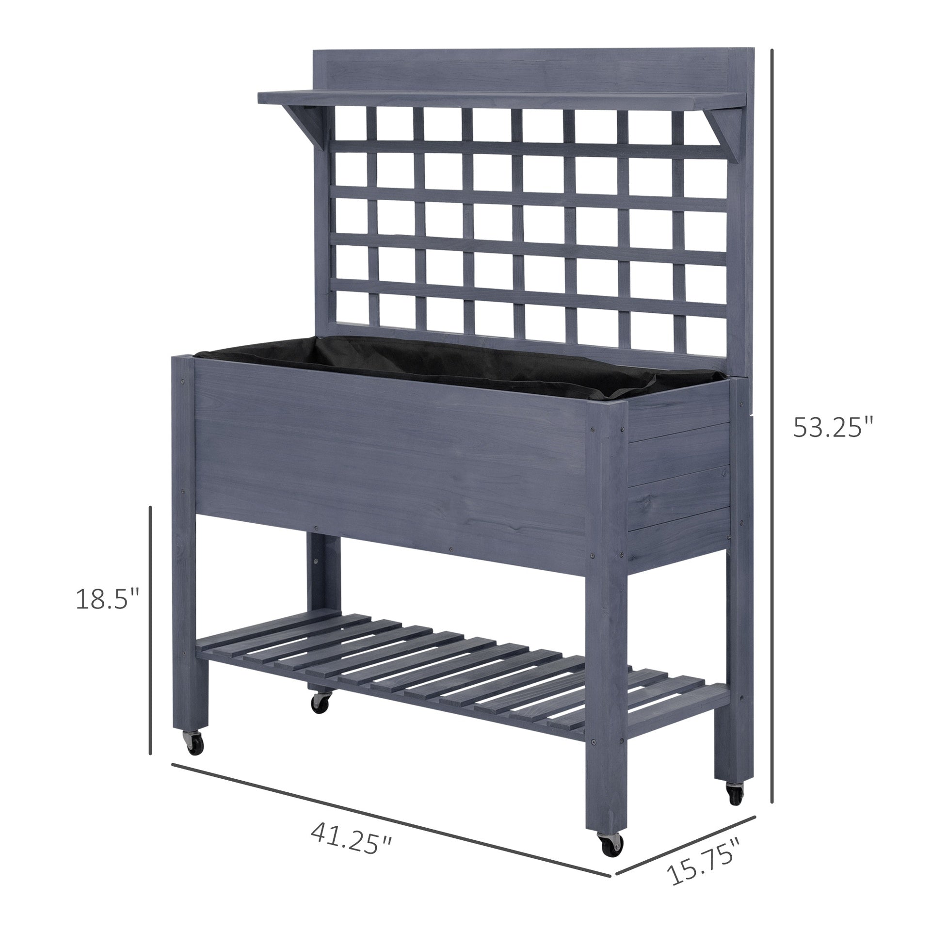 Outsunny 41" Raised Garden Bed Mobile Elevated Wooden Planter Box Stand with Wheels, Trellis and Storage Shelf, Gray