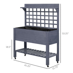 Outsunny 41" Raised Garden Bed Mobile Elevated Wooden Planter Box Stand with Wheels, Trellis and Storage Shelf, Gray
