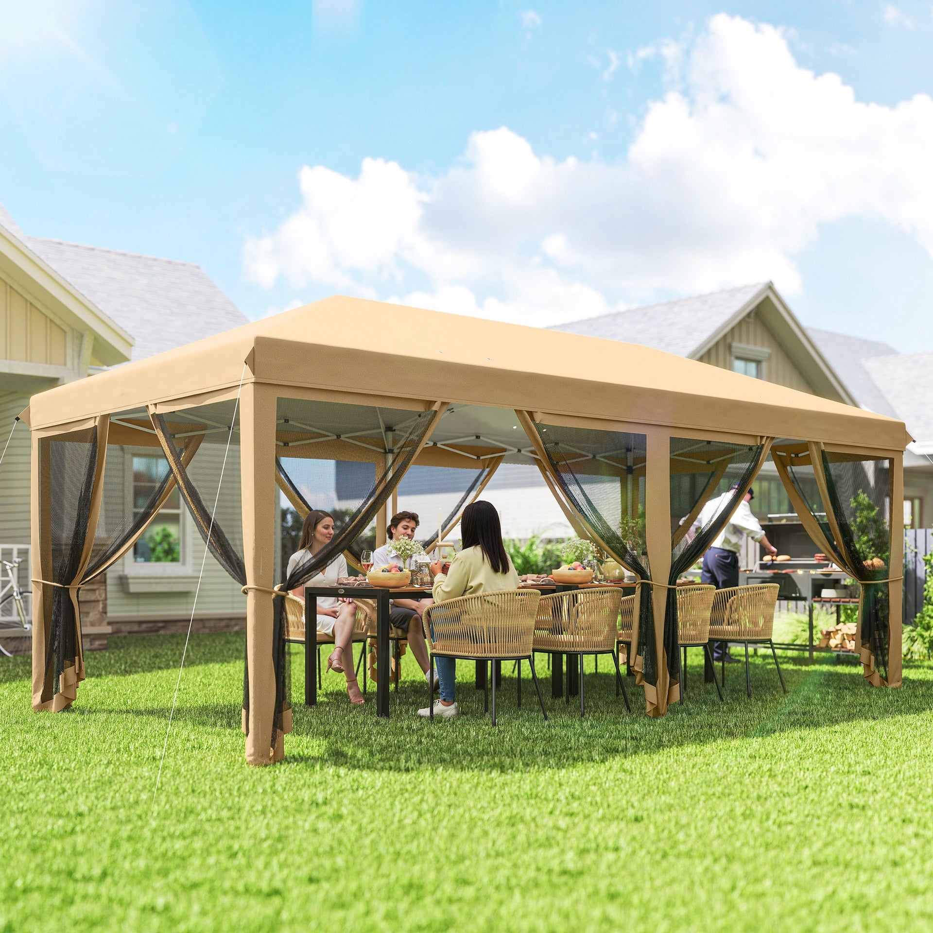 Outsunny 10' x 20' Pop Up Canopy Tent with Netting, Heavy Duty Instant Sun Shelter, Large Tents for Parties with Carry Bag for Outdoor, Garden, Patio, Beige