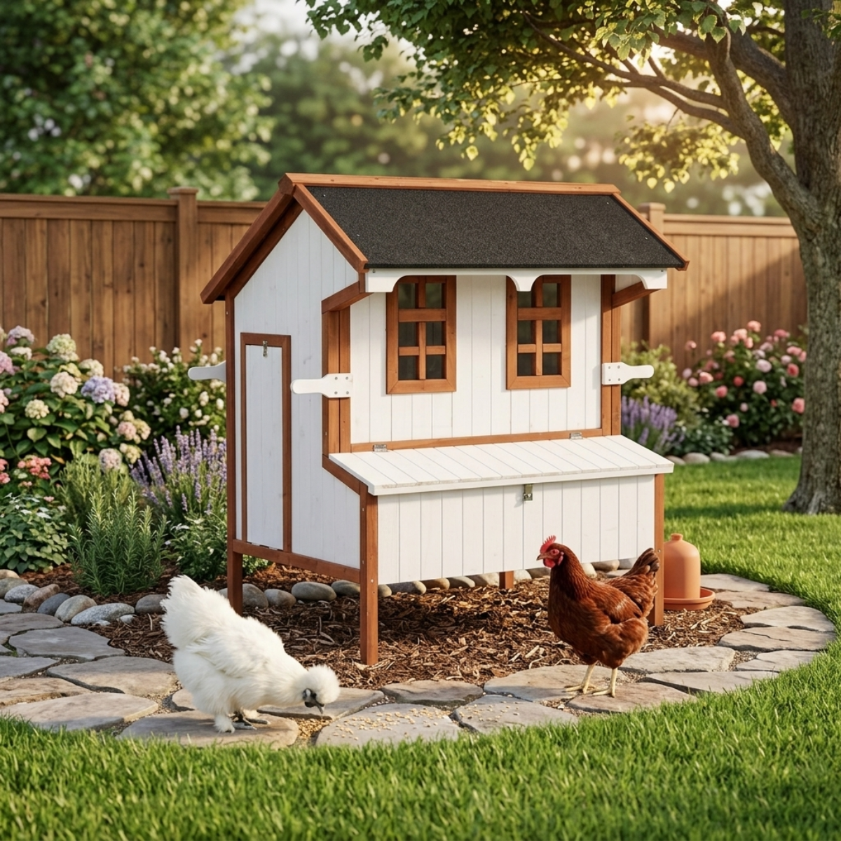 PawHut 47" Chicken Coop, Wooden Chicken House Raised Rabbit Hutch with Waterproof Roof, Nesting Box and Handles for 3-5 Hens, Poultry Cage Portable Hen Pen for Backyard