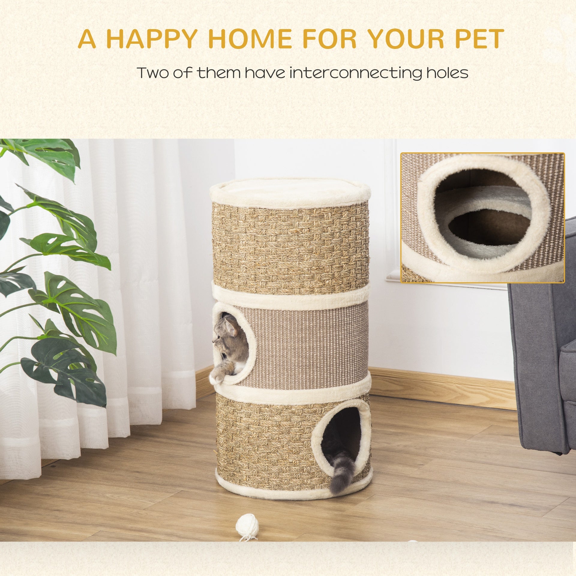 PawHut 28 Inch Cat Condo, 3 Story Cat Hideaway with Sisal Scratching Pad