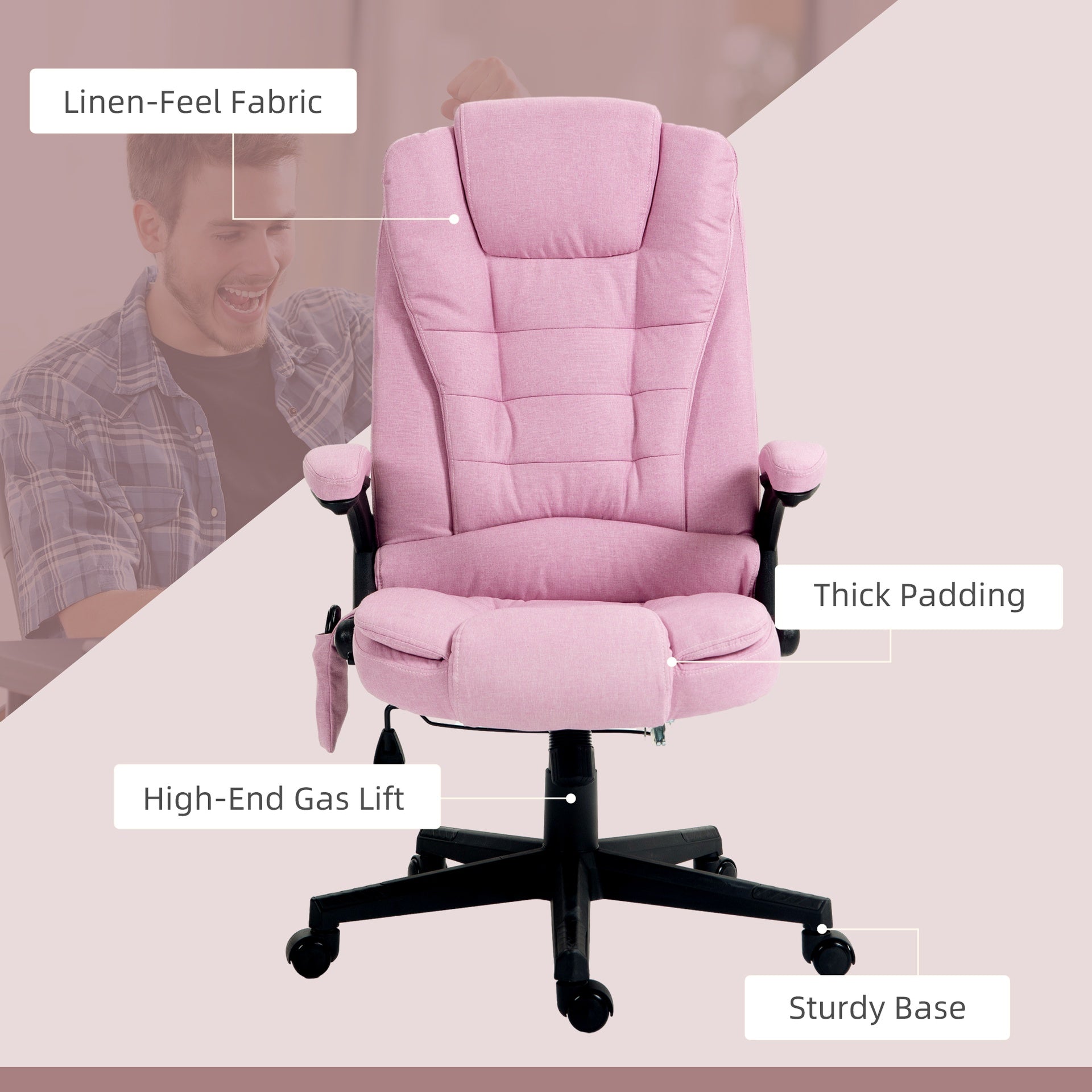 HOMCOM 6 Point Vibrating Massage Office Chair with Heat, Linen High Back Massage Desk Chair with Reclining Backrest, Pink