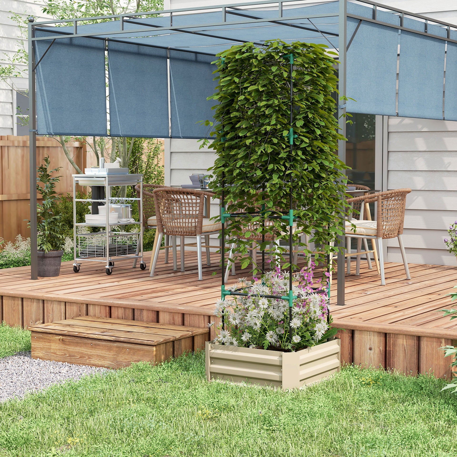 Outsunny Galvanized Planter Box, 24" x 24" x 73.5" Raised Garden Bed with Tomato Cage for Climbing Vines, Cream
