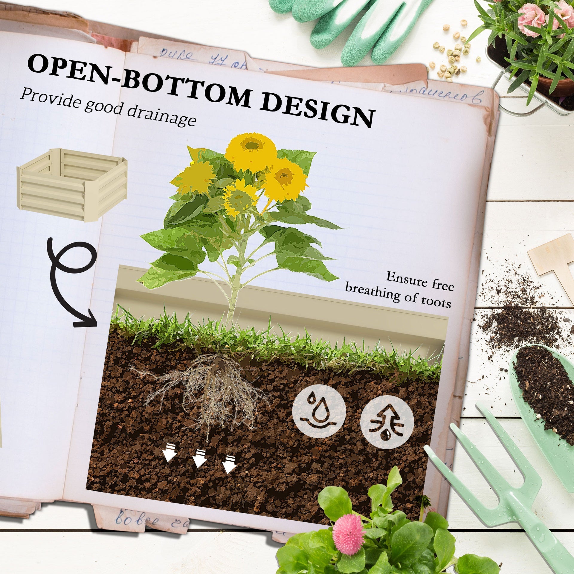 Outsunny Galvanized Planter Box, 24" x 24" x 73.5" Raised Garden Bed with Tomato Cage for Climbing Vines, Cream
