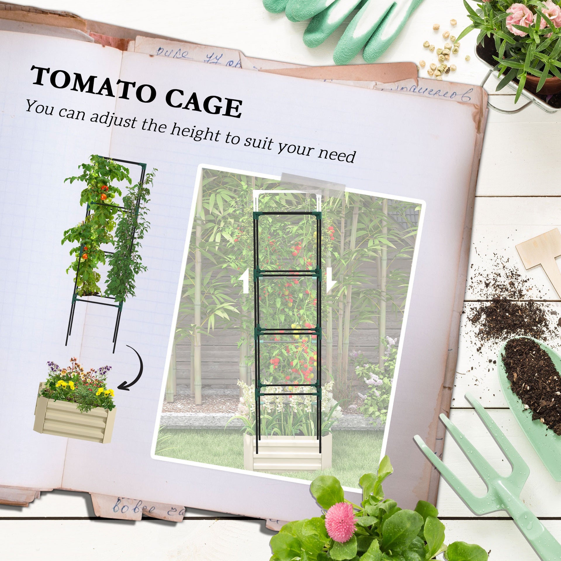 Outsunny Galvanized Planter Box, 24" x 24" x 73.5" Raised Garden Bed with Tomato Cage for Climbing Vines, Cream
