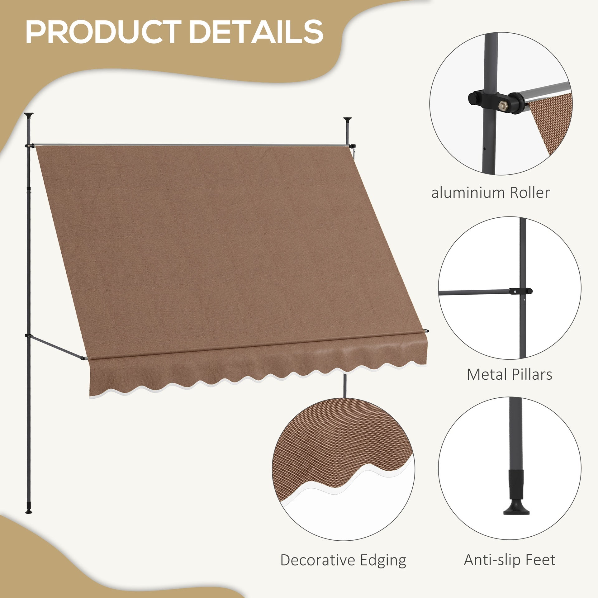 Outsunny 10' x 4' Manual Retractable Awning, Non-Screw Patio Awning, UV Resistant, for Window or Door, Coffee
