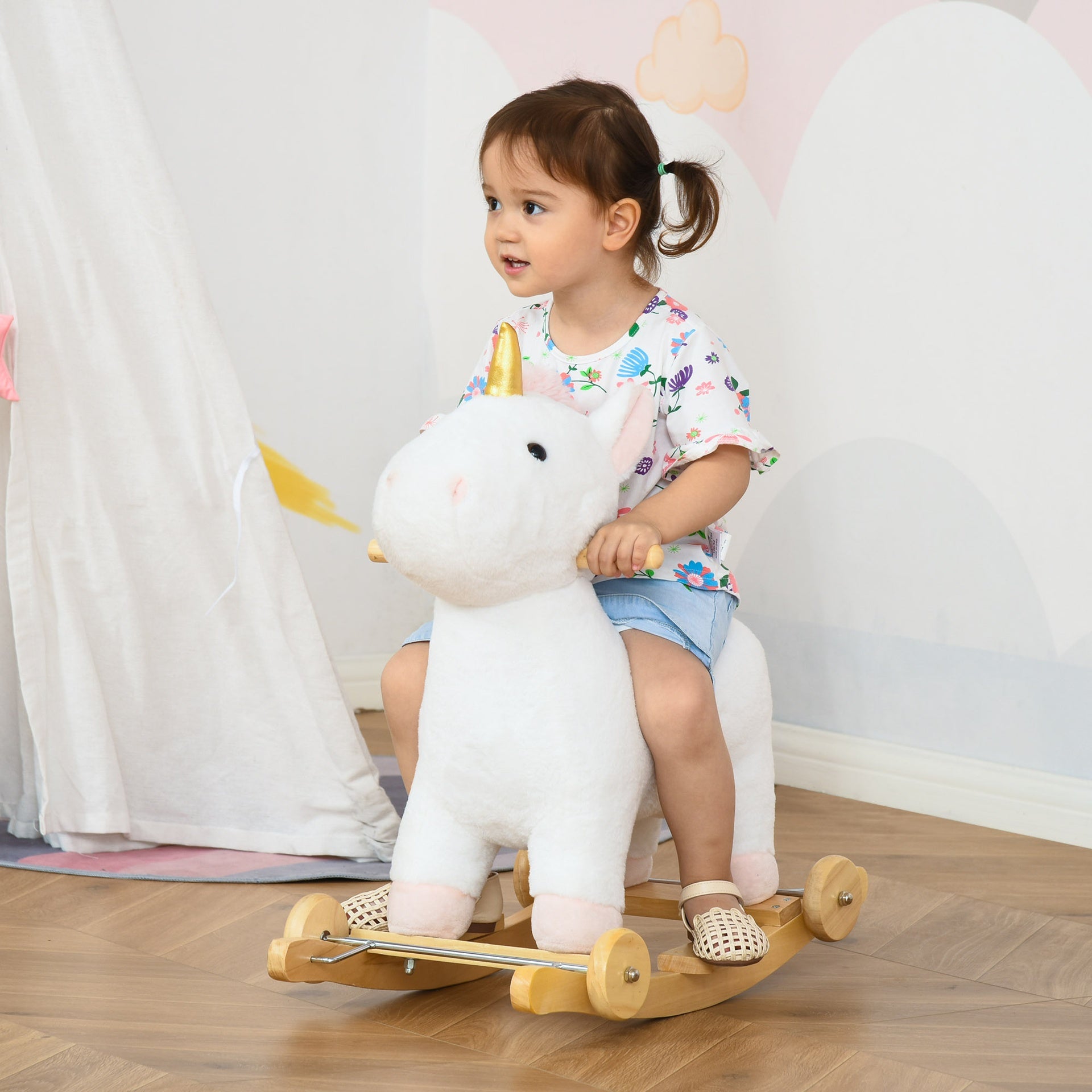 Qaba 2 in 1 Kids Rocking Horse, Rolling Unicorn with Sound, Wooden Base, Pedal, Grip Handle, for 3-6 Years Old, White
