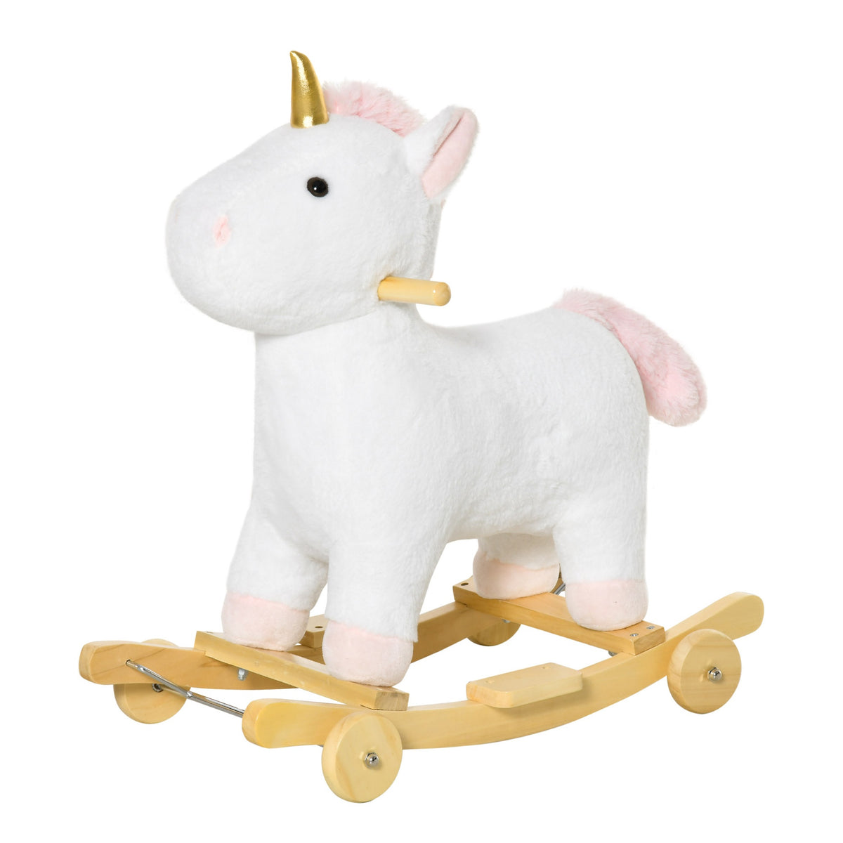 Qaba 2 in 1 Kids Rocking Horse, Rolling Unicorn with Sound, Wooden Base, Pedal, Grip Handle, for 3-6 Years Old, White
