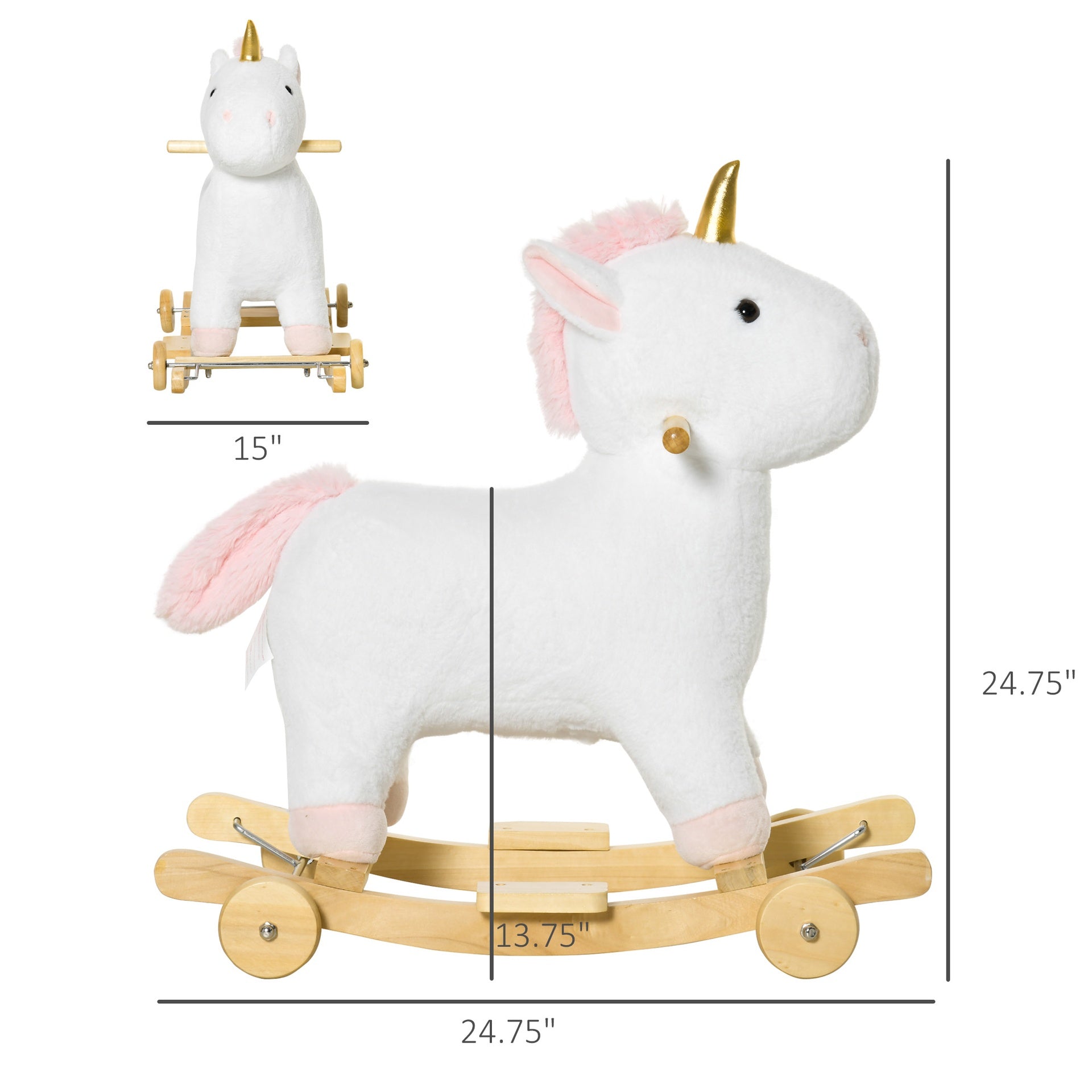 Qaba 2 in 1 Kids Rocking Horse, Rolling Unicorn with Sound, Wooden Base, Pedal, Grip Handle, for 3-6 Years Old, White