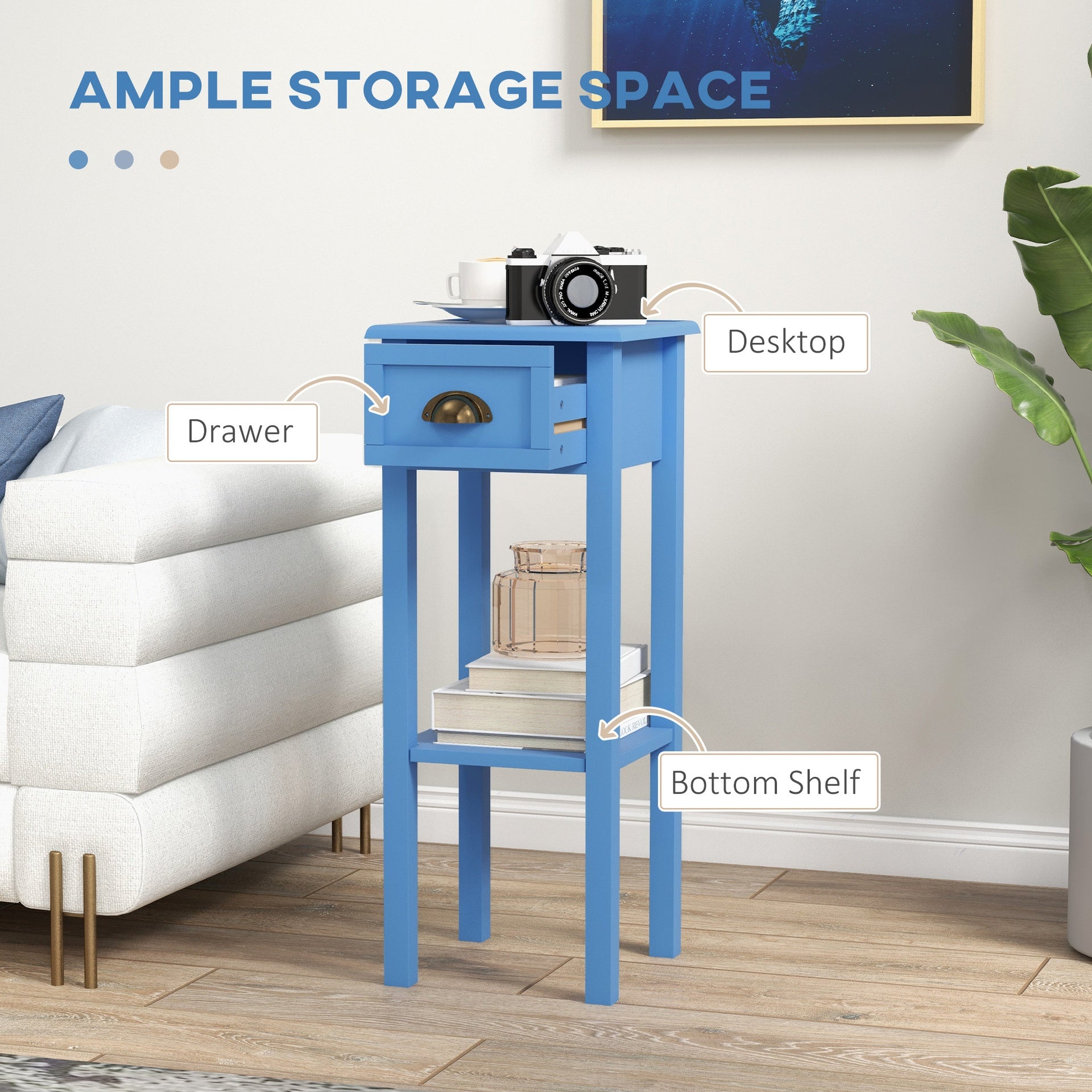 HOMCOM 2-Tier Side Table with Drawer and Shelf, End Table for Living Room and Hallway, Light Blue