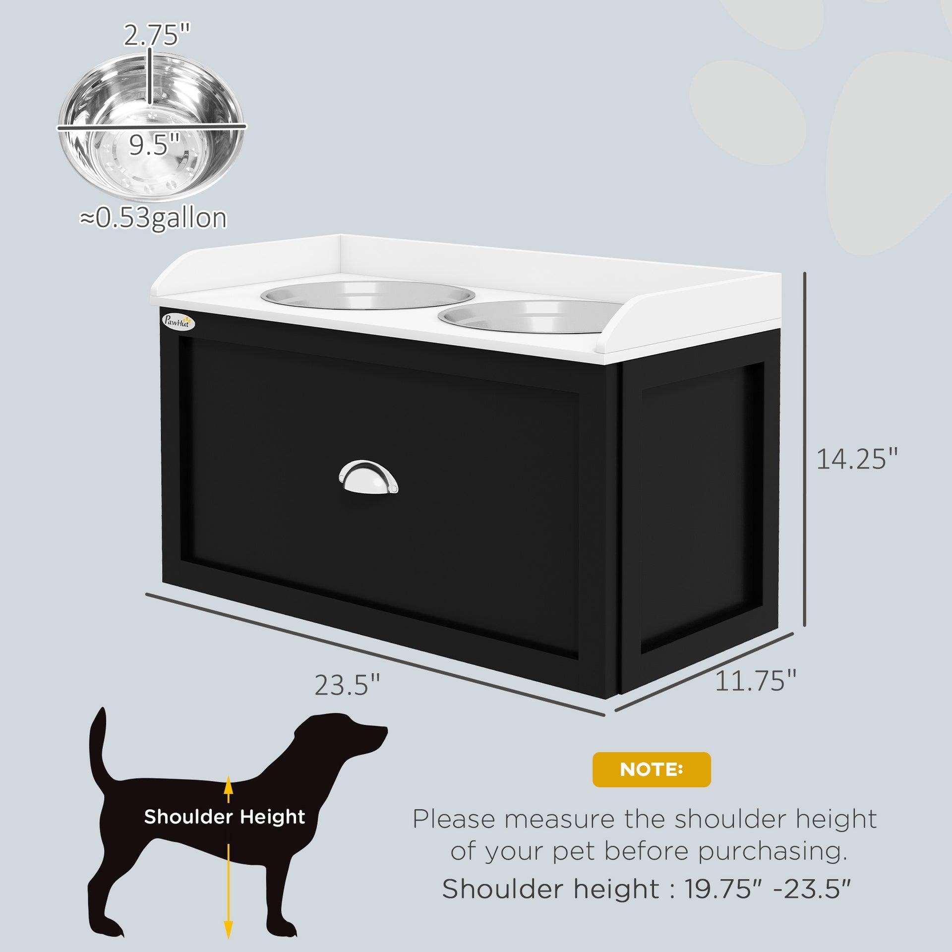PawHut Pet Feeding Station Pet Dish Bowl Set with Storage, 2 Elevated Dog Bowls for Large Sized Dogs, White and Black