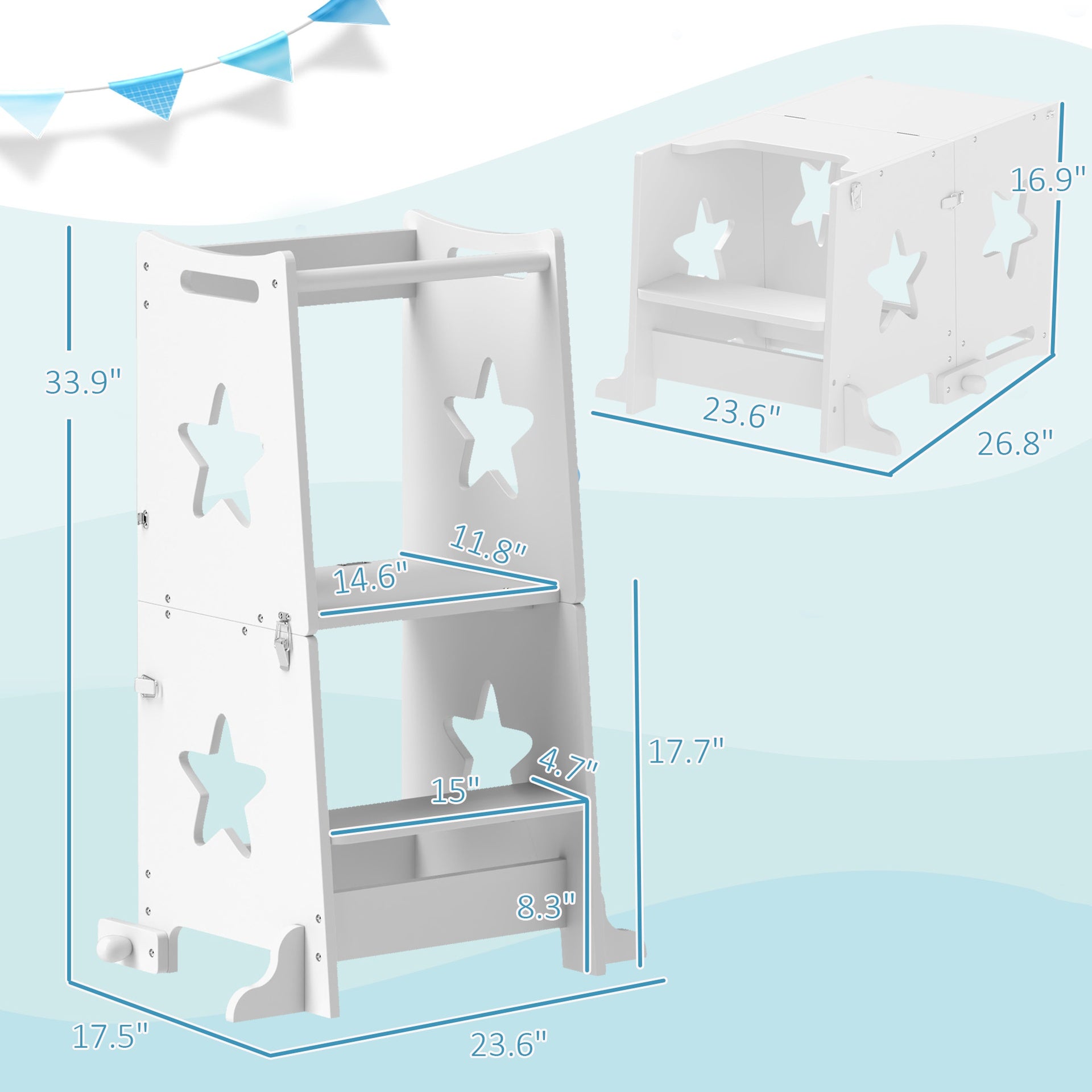 Qaba 2 in 1 Toddler Tower with Safety Rail for Bathroom, Sink, Kitchen or Counter, White