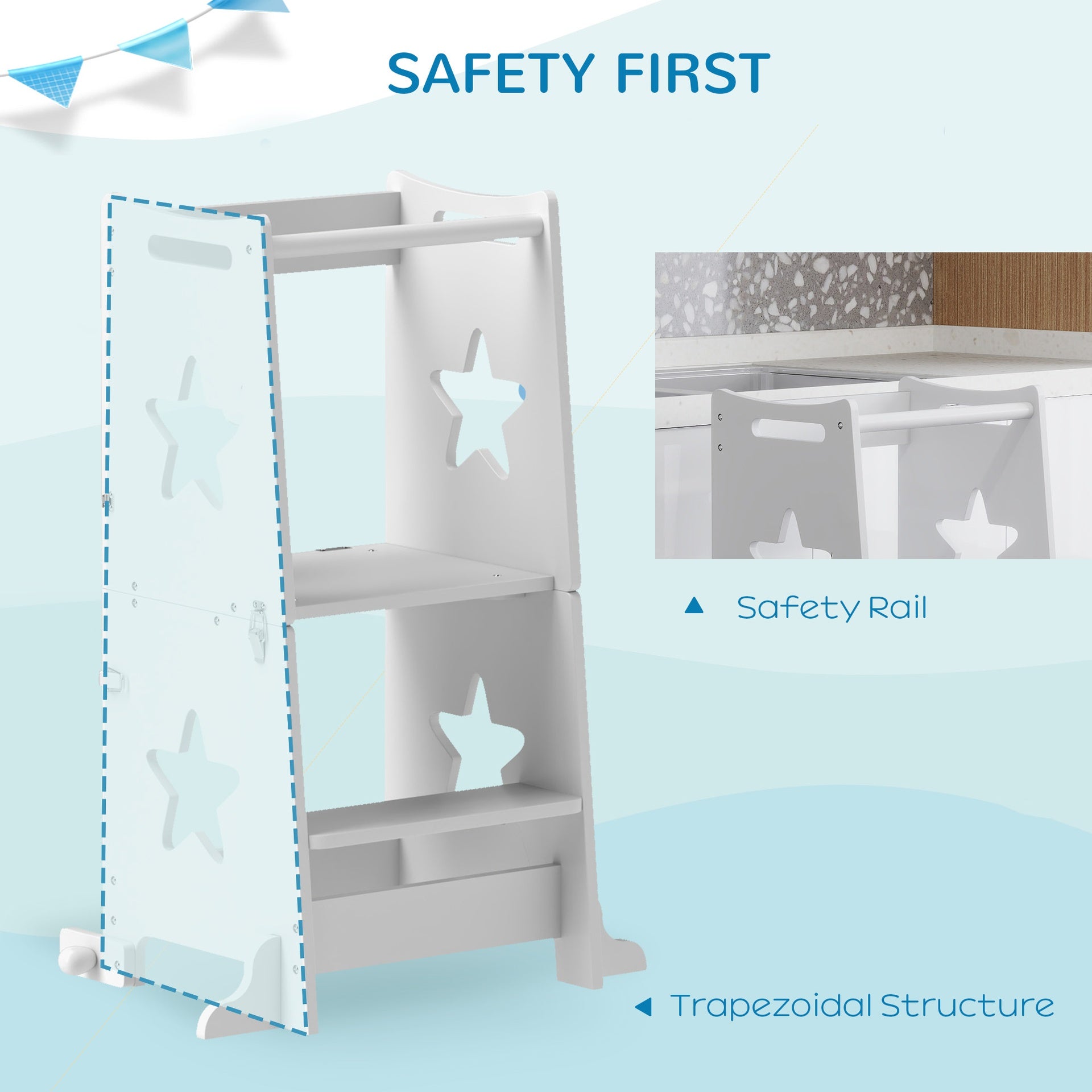 Qaba 2 in 1 Toddler Tower with Safety Rail for Bathroom, Sink, Kitchen or Counter, White