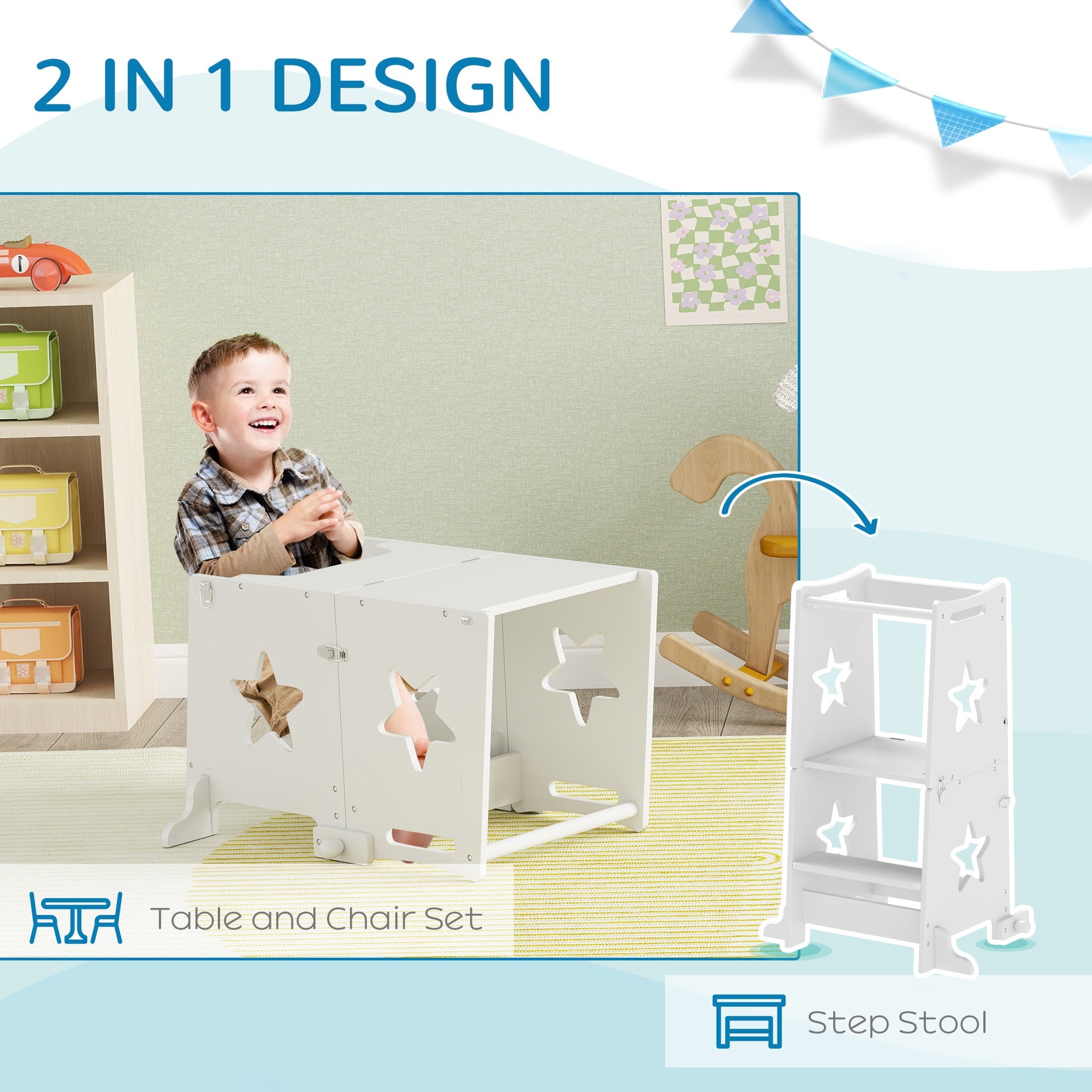 Qaba 2 in 1 Toddler Tower with Safety Rail for Bathroom, Sink, Kitchen or Counter, White