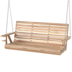 Outsunny 3-Seater Swing Bench, Wooden Porch Swing with Cupholders, Hanging Chains for Patio Garden, Nature Wood