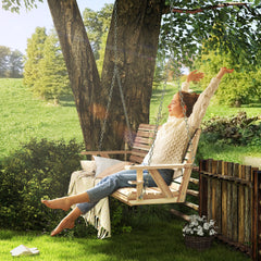 Outsunny 3-Seater Swing Bench, Wooden Porch Swing with Cupholders, Hanging Chains for Patio Garden, Nature Wood