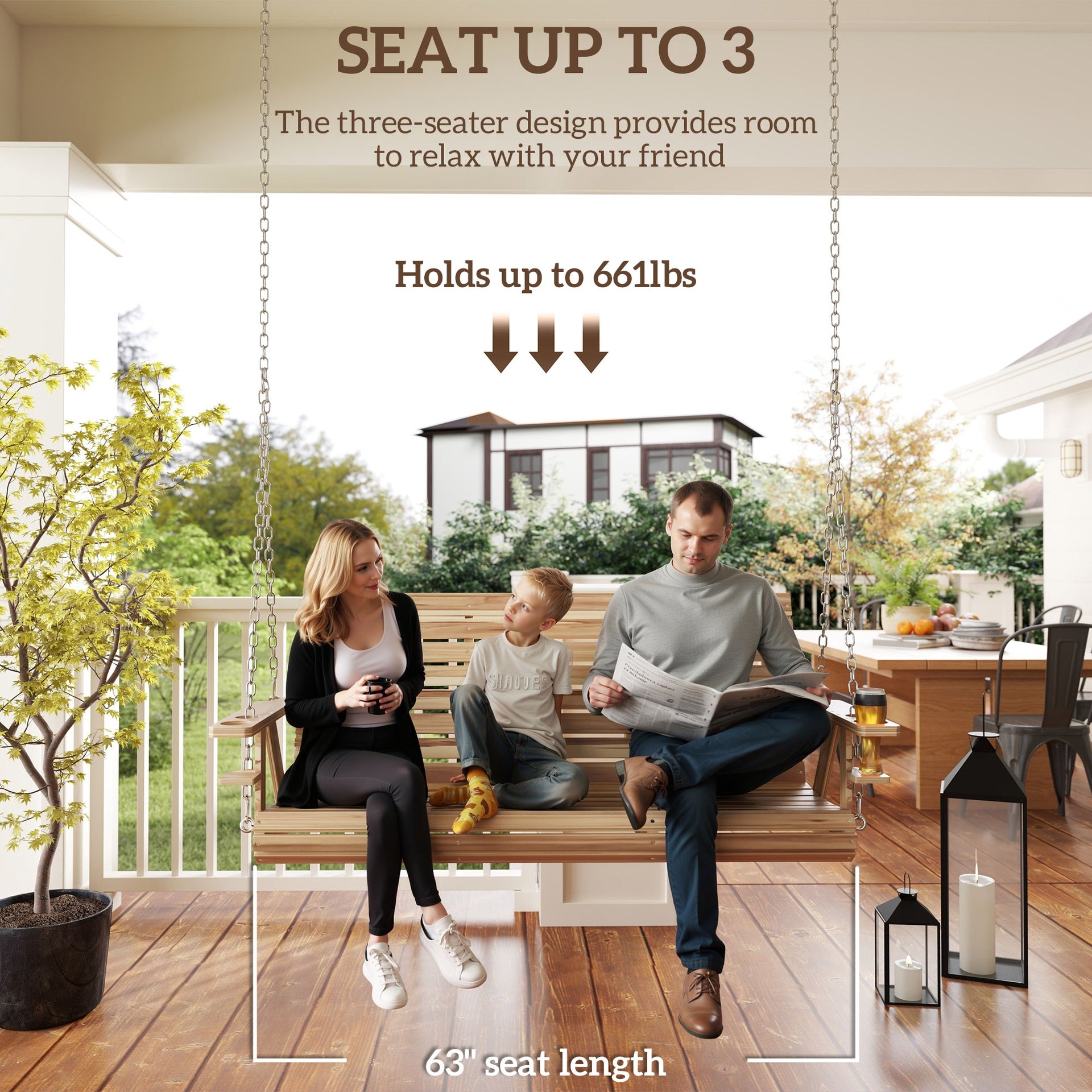 Outsunny 3-Seater Swing Bench, Wooden Porch Swing with Cupholders, Hanging Chains for Patio Garden, Nature Wood