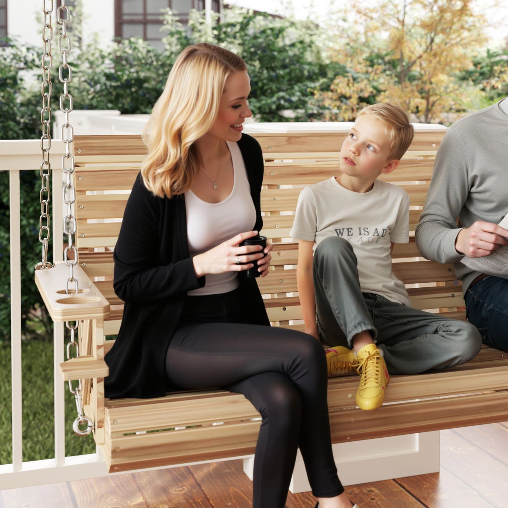 Outsunny 3-Seater Swing Bench, Wooden Porch Swing with Cupholders, Hanging Chains for Patio Garden, Nature Wood