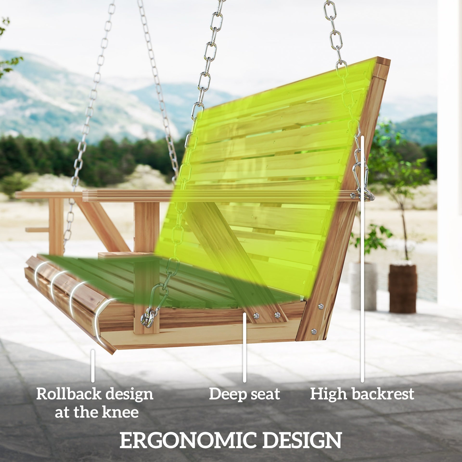 Outsunny 3-Seater Swing Bench, Wooden Porch Swing with Cupholders, Hanging Chains for Patio Garden, Nature Wood