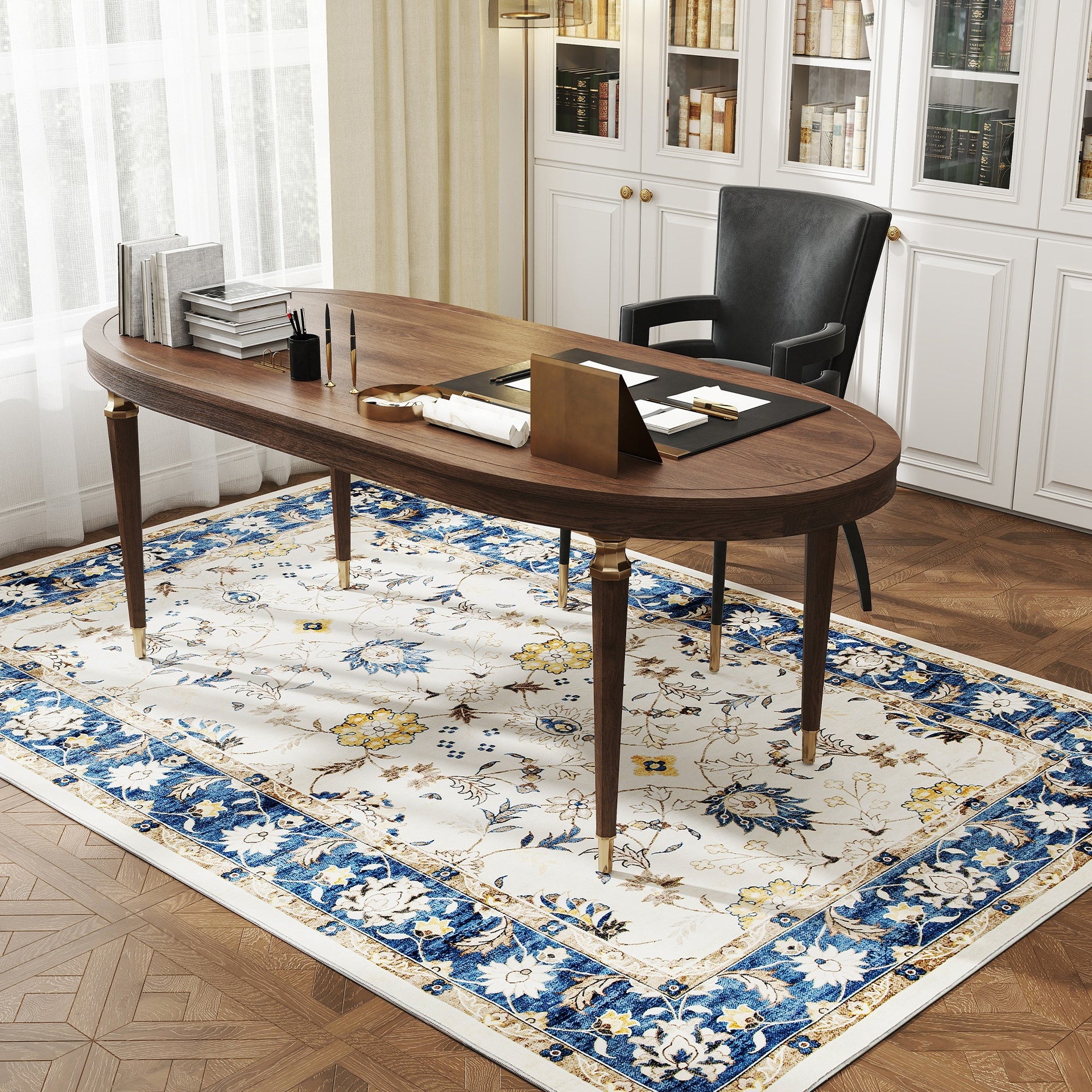 HOMCOM Machine Washable Area Rug 5x7, Non-Slip Boho Floral Print Floor Carpet for Living Room, Bedroom, Dining Room, Blue