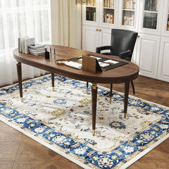 HOMCOM Machine Washable Area Rug 5x7, Non-Slip Boho Floral Print Floor Carpet for Living Room, Bedroom, Dining Room, Blue