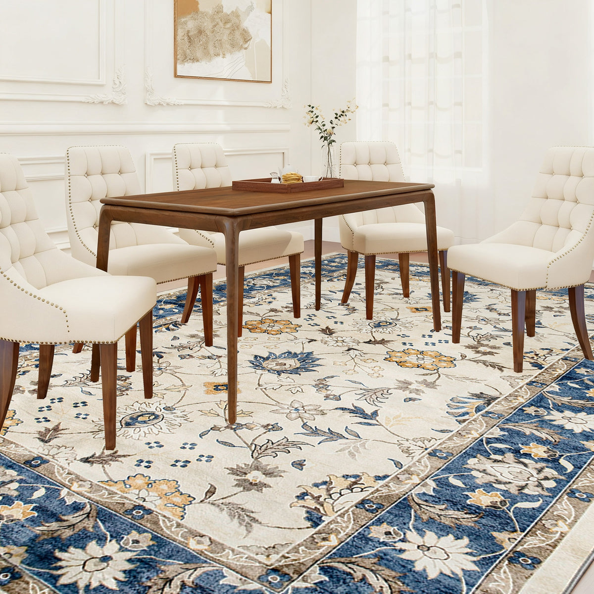 HOMCOM Machine Washable Area Rug 5x7, Non-Slip Boho Floral Print Floor Carpet for Living Room, Bedroom, Dining Room, Blue