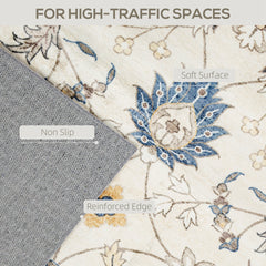 HOMCOM Machine Washable Area Rug 5x7, Non-Slip Boho Floral Print Floor Carpet for Living Room, Bedroom, Dining Room, Blue