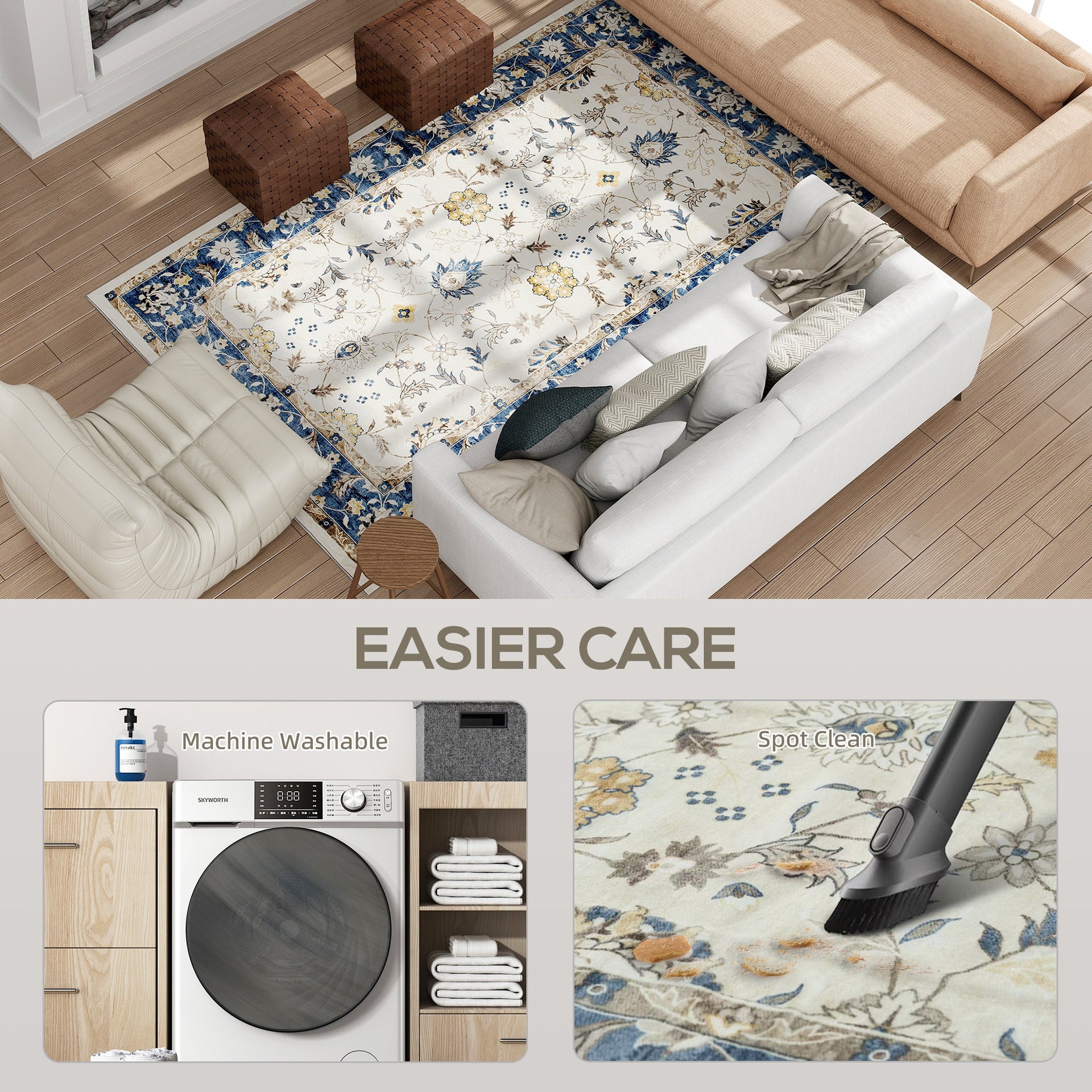 HOMCOM Machine Washable Area Rug 5x7, Non-Slip Boho Floral Print Floor Carpet for Living Room, Bedroom, Dining Room, Blue
