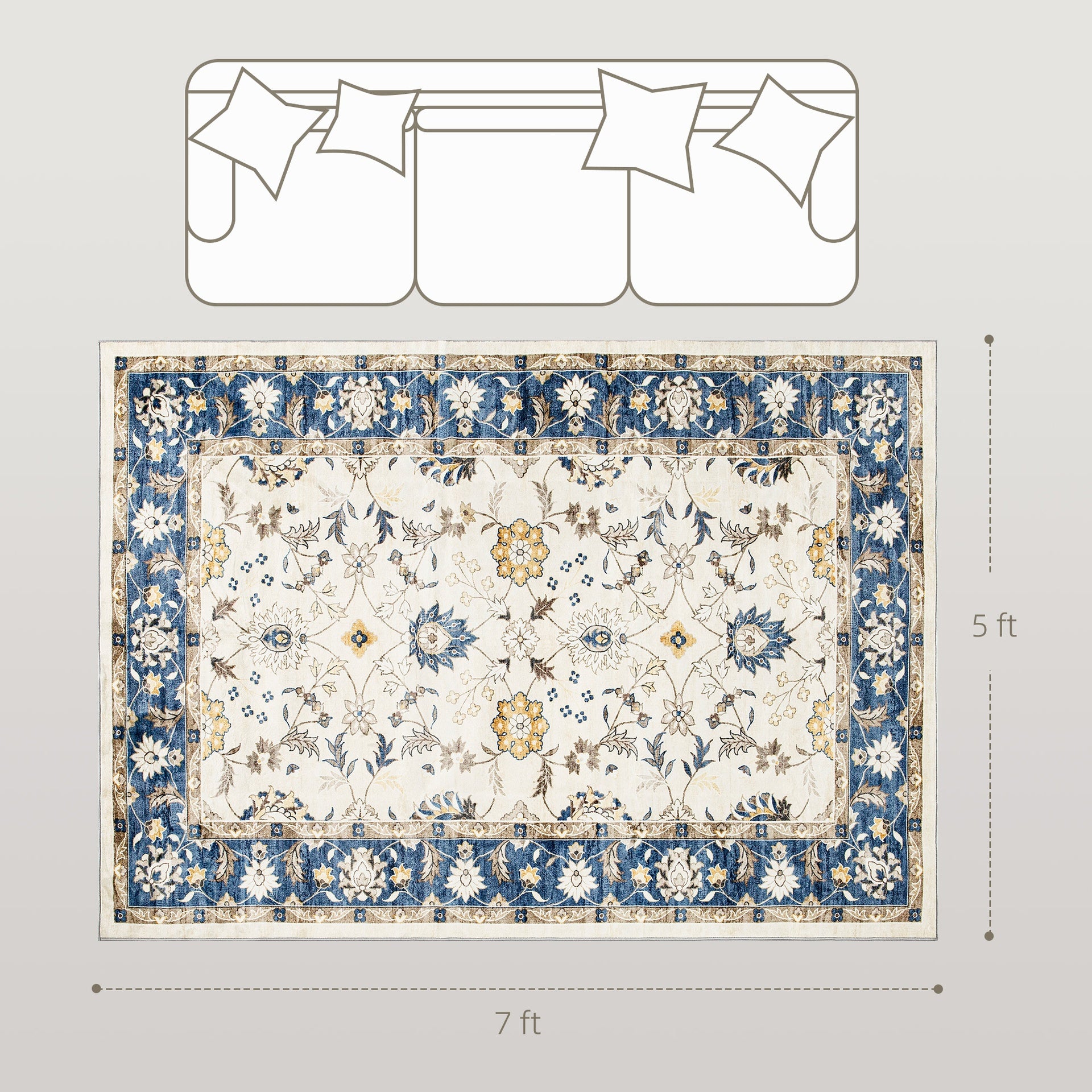 HOMCOM Machine Washable Area Rug 5x7, Non-Slip Boho Floral Print Floor Carpet for Living Room, Bedroom, Dining Room, Blue