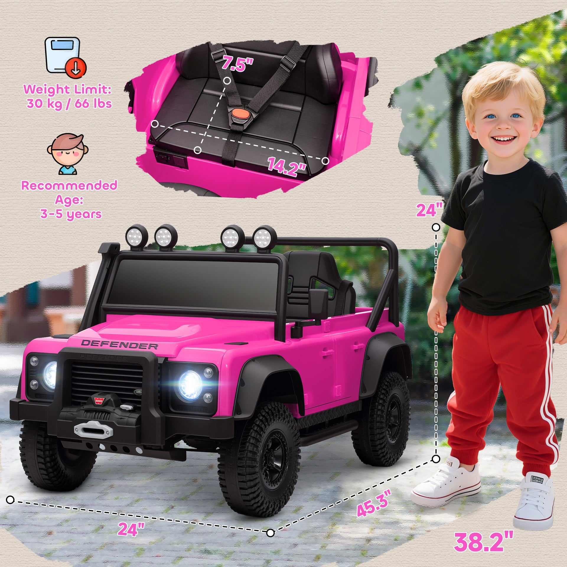 Qaba Land Rover Licensed Electric Car for Kids with Remote Control, Dual Motors, Spring Suspension, LED Lights, Pink