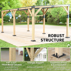 Outsunny 10' x 20' Wooden Gazebo, Hardtop Lean-to Gazebo Pergola with Galvanized Steel Sloped Roof, Light Walnut