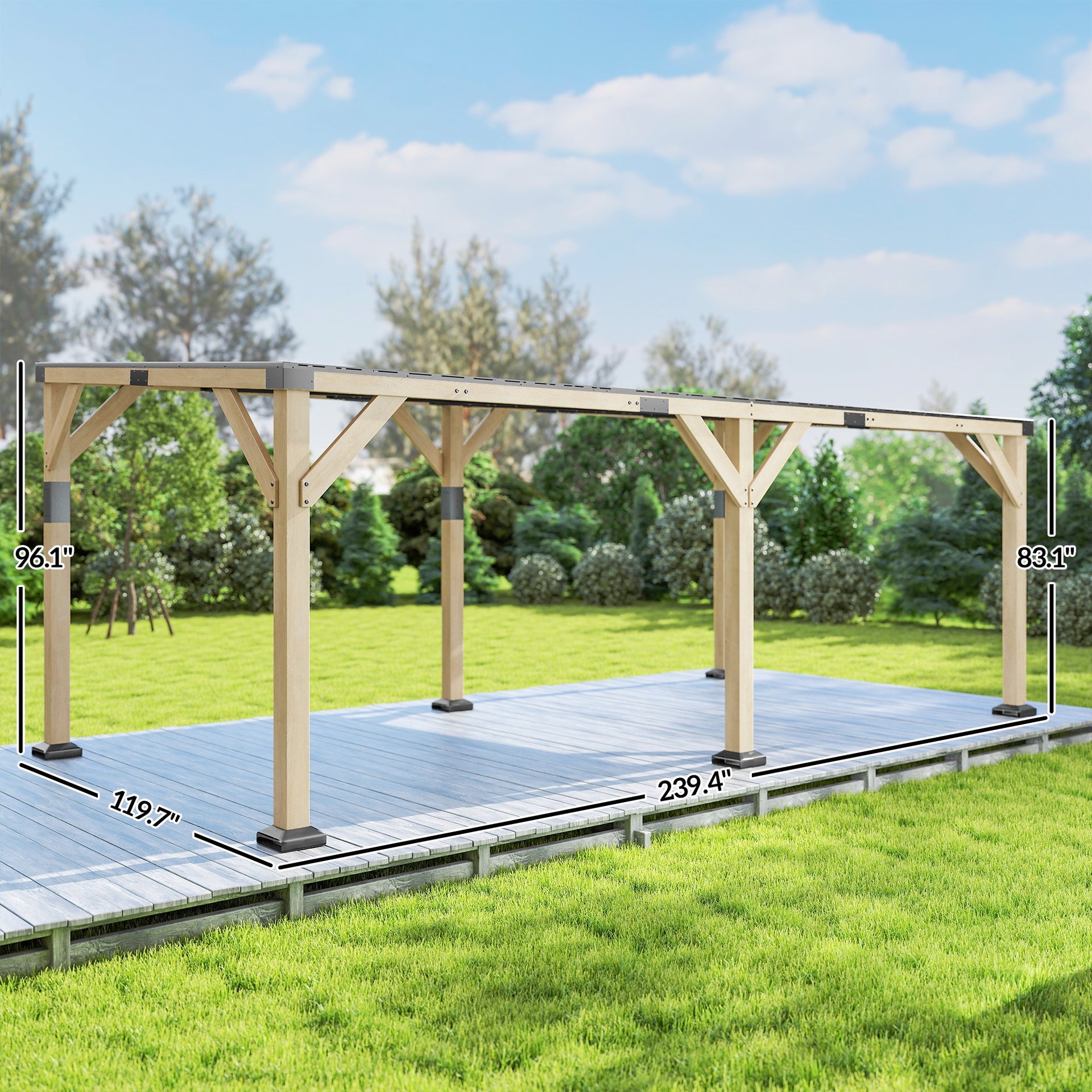 Outsunny 10' x 20' Wooden Gazebo, Hardtop Lean-to Gazebo Pergola with Galvanized Steel Sloped Roof, Light Walnut
