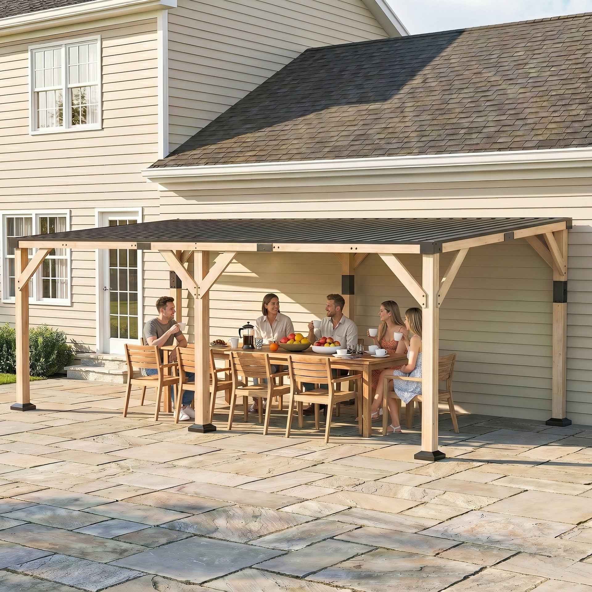 Outsunny 10' x 20' Wooden Gazebo, Hardtop Lean-to Gazebo Pergola with Galvanized Steel Sloped Roof, Light Walnut
