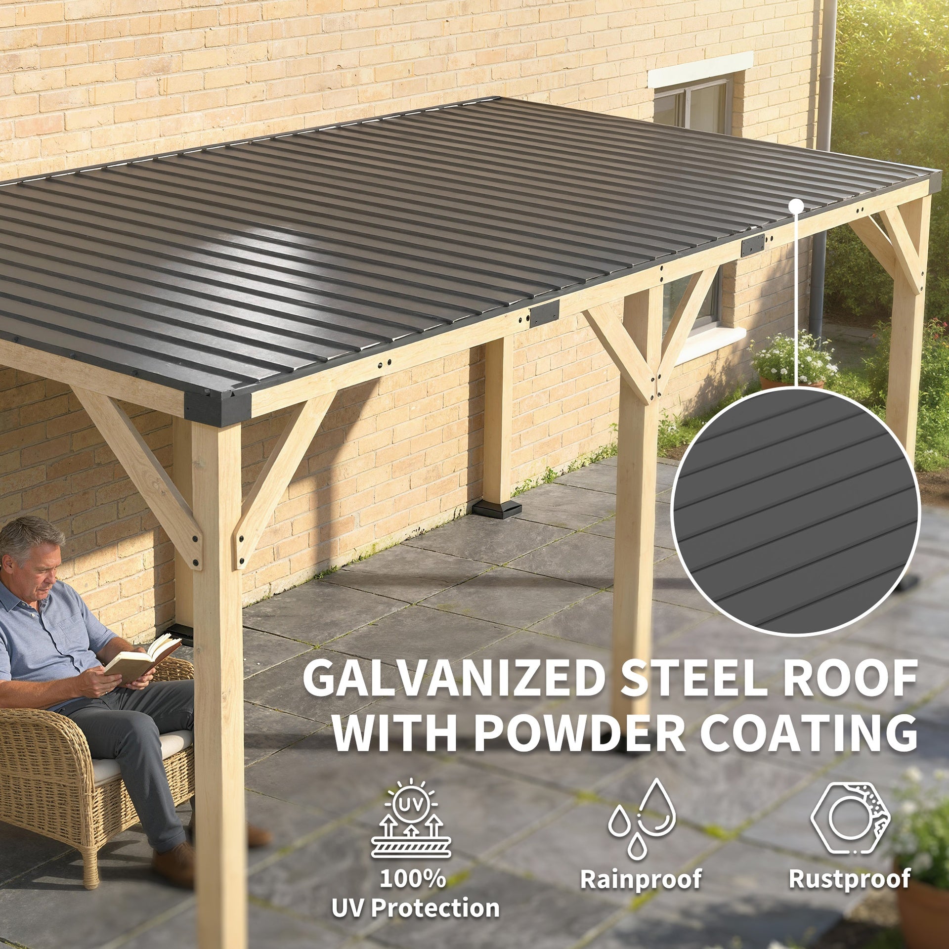 Outsunny 10' x 20' Wooden Gazebo, Hardtop Lean-to Gazebo Pergola with Galvanized Steel Sloped Roof, Light Walnut