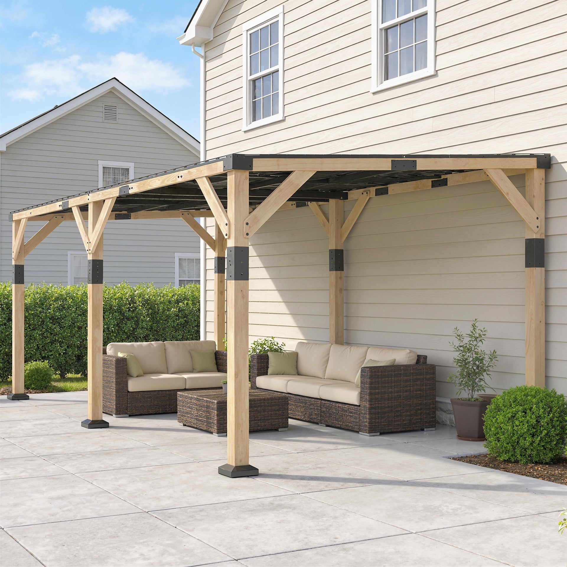 Outsunny 10' x 20' Wooden Gazebo, Hardtop Lean-to Gazebo Pergola with Galvanized Steel Sloped Roof, Light Walnut