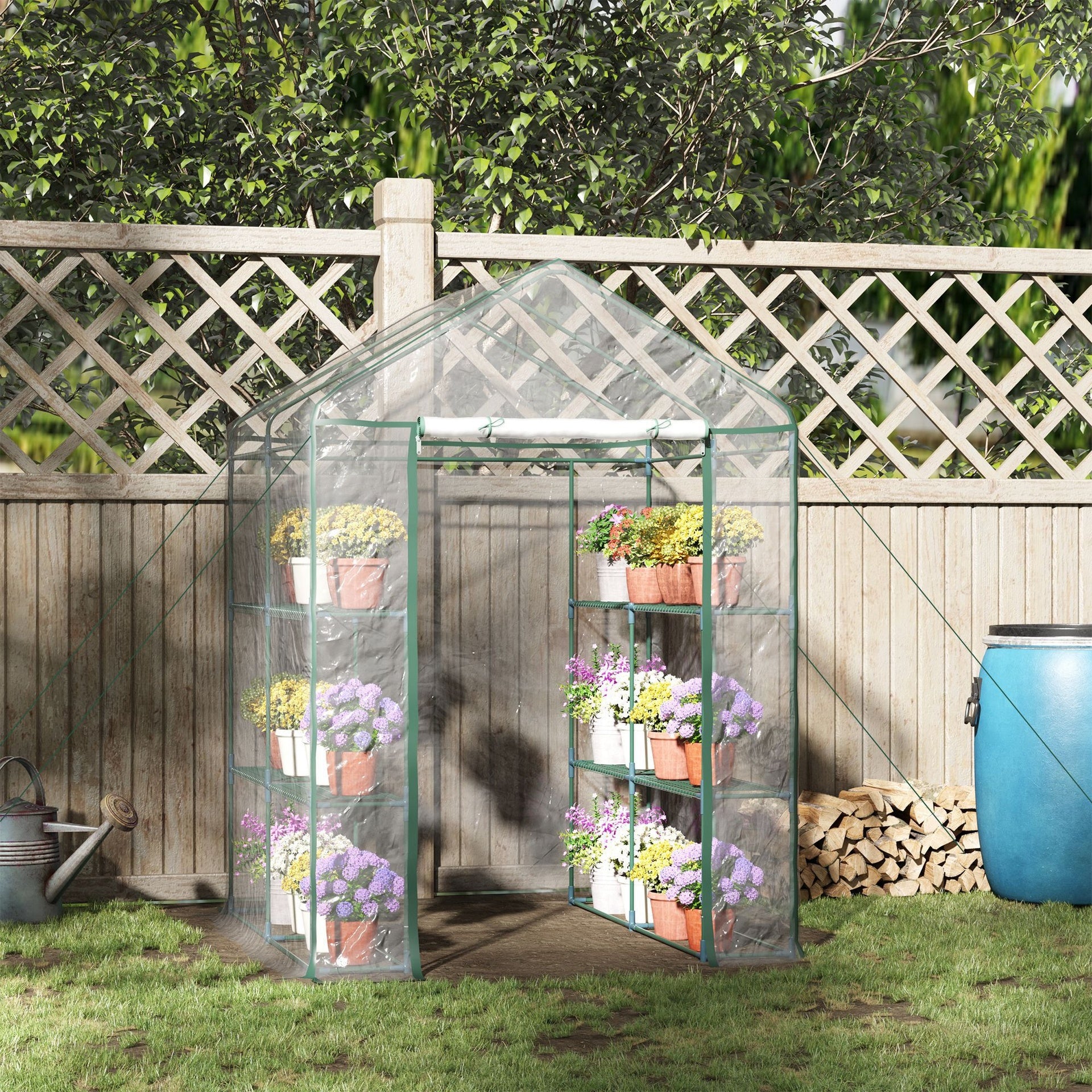 Outsunny 5' x 5' x 6' Mini Walk-in Greenhouse Kit, Portable Green House with 3 Tier Shelves, Roll-Up Door, and Weatherized Plastic Cover for Backyard Garden, Clear